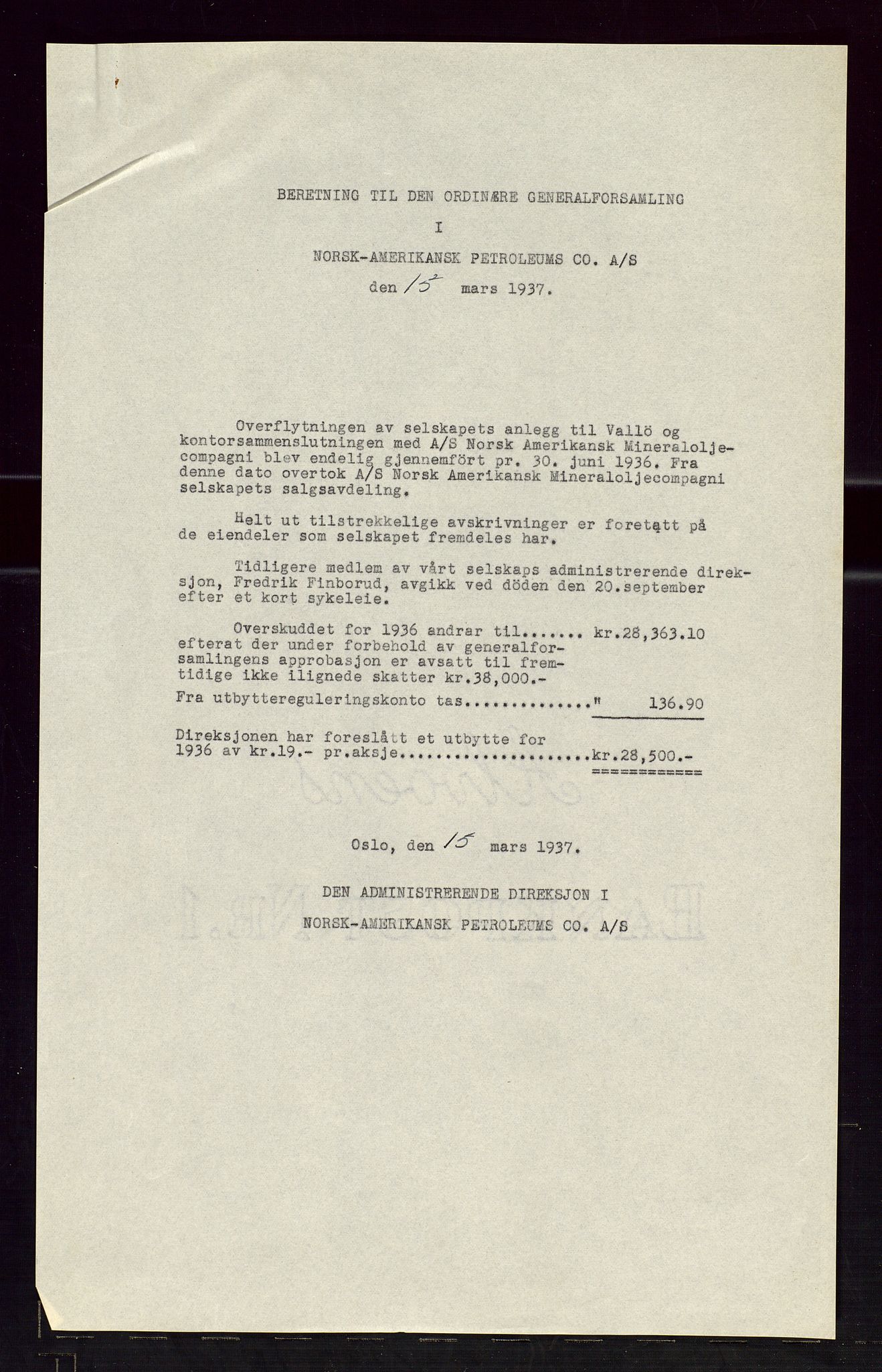 PA 1535 - Norsk-Amerikansk Petroleumscompani A/S, AV/SAST-A-101955/A/Aa/L0001/0003: Styre- og generalforsamlingsprotokoller / Ordinære og ekstraordinære generalforsamlinger i Norsk Amerikansk Petroleumsco., Norsk Amerikansk Mineraloljeco., Vestlandske Petroleumsco. 1934 og 1937, 1934-1937, s. 21