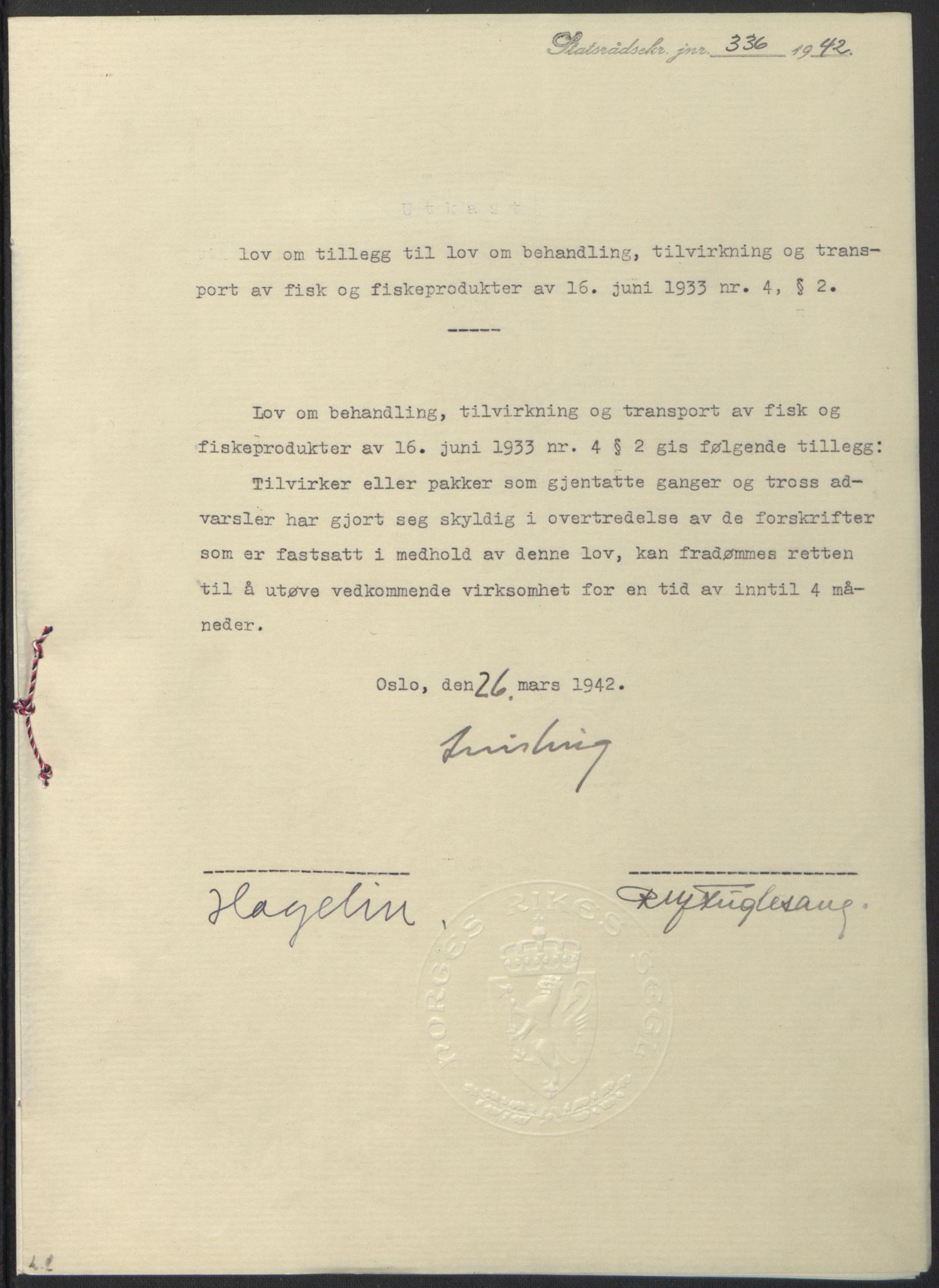 NS-administrasjonen 1940-1945 (Statsrådsekretariatet, de kommisariske statsråder mm), AV/RA-S-4279/D/Db/L0097: Lover I, 1942, s. 229
