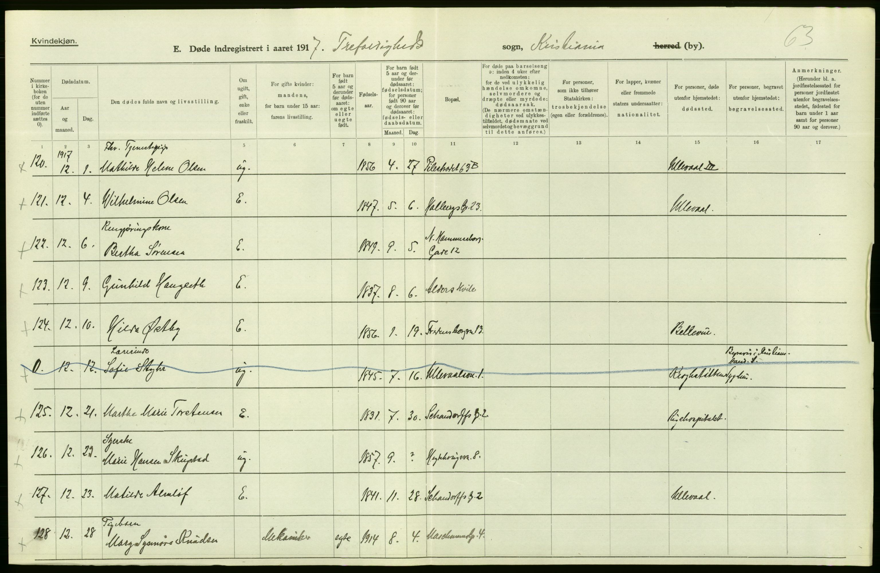 Statistisk sentralbyrå, Sosiodemografiske emner, Befolkning, AV/RA-S-2228/D/Df/Dfb/Dfbg/L0010: Kristiania: Døde, 1917, s. 56