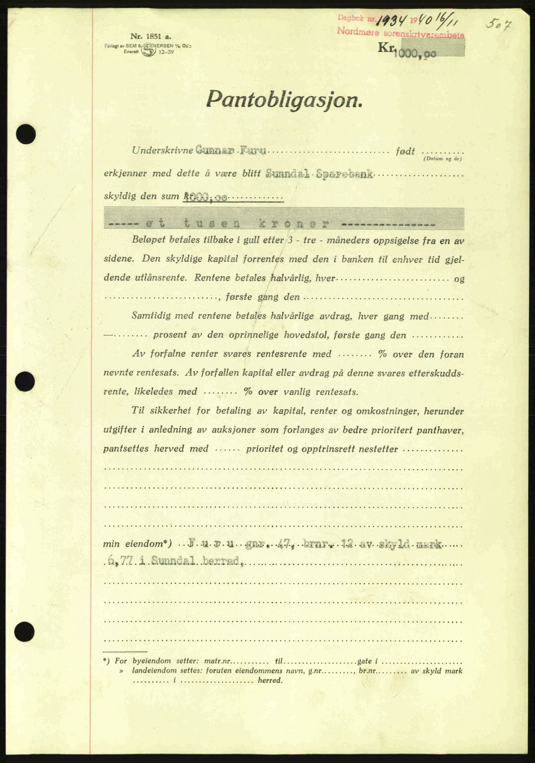 Nordmøre sorenskriveri, AV/SAT-A-4132/1/2/2Ca: Pantebok nr. B87, 1940-1941, Dagboknr: 1934/1940