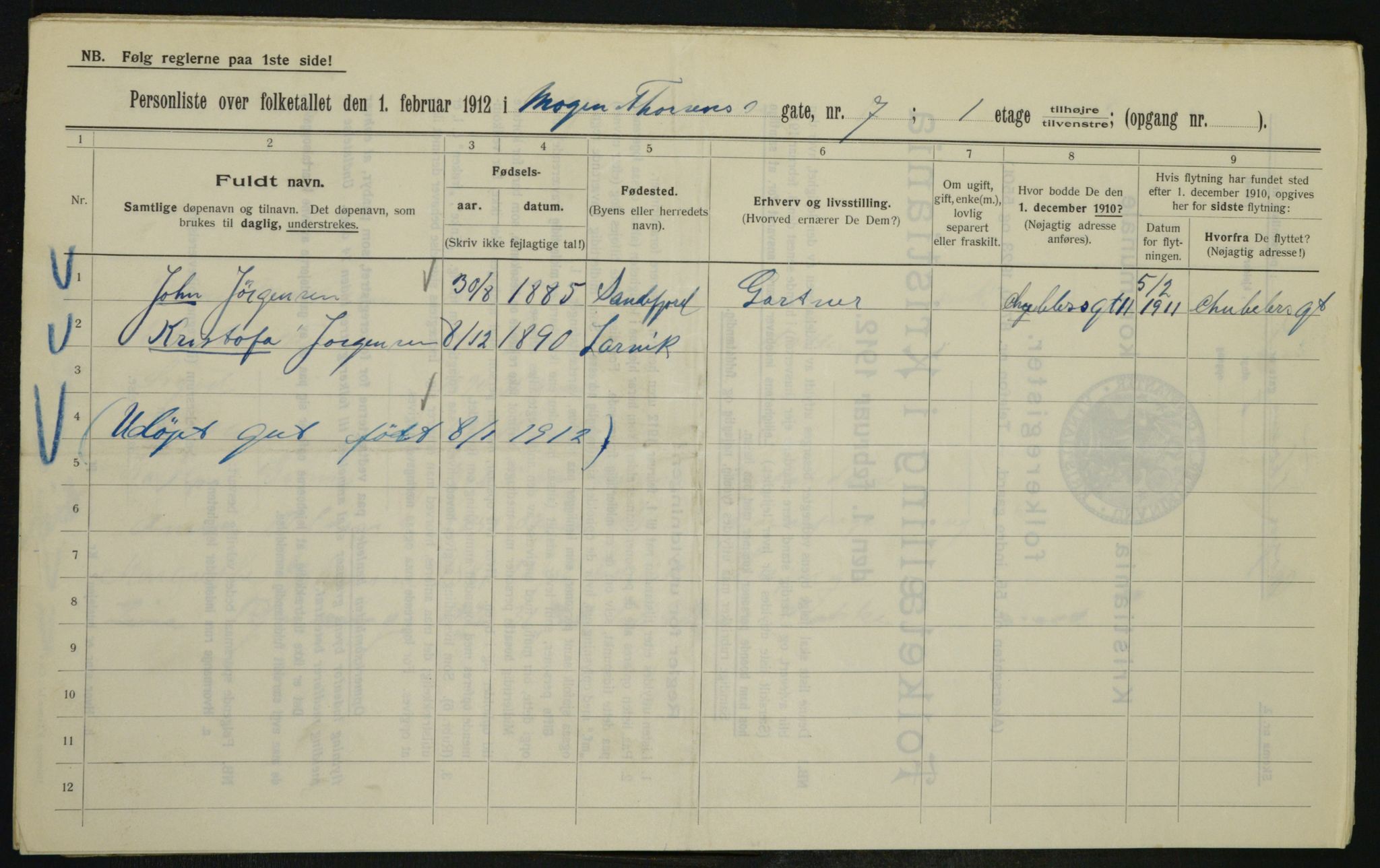 OBA, Kommunal folketelling 1.2.1912 for Kristiania, 1912, s. 66104