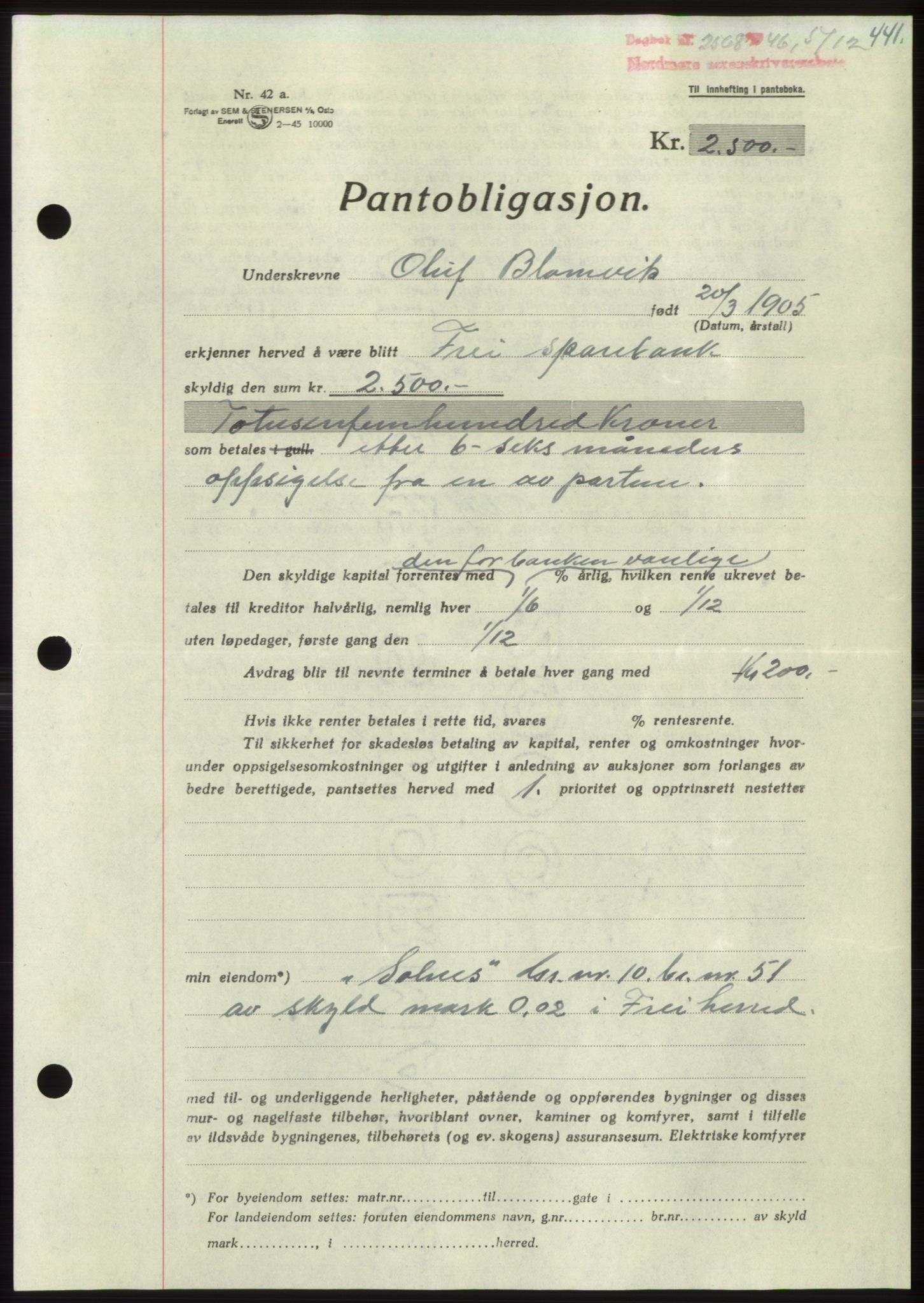 Nordmøre sorenskriveri, SAT/A-4132/1/2/2Ca: Pantebok nr. B95, 1946-1947, Dagboknr: 2568/1946