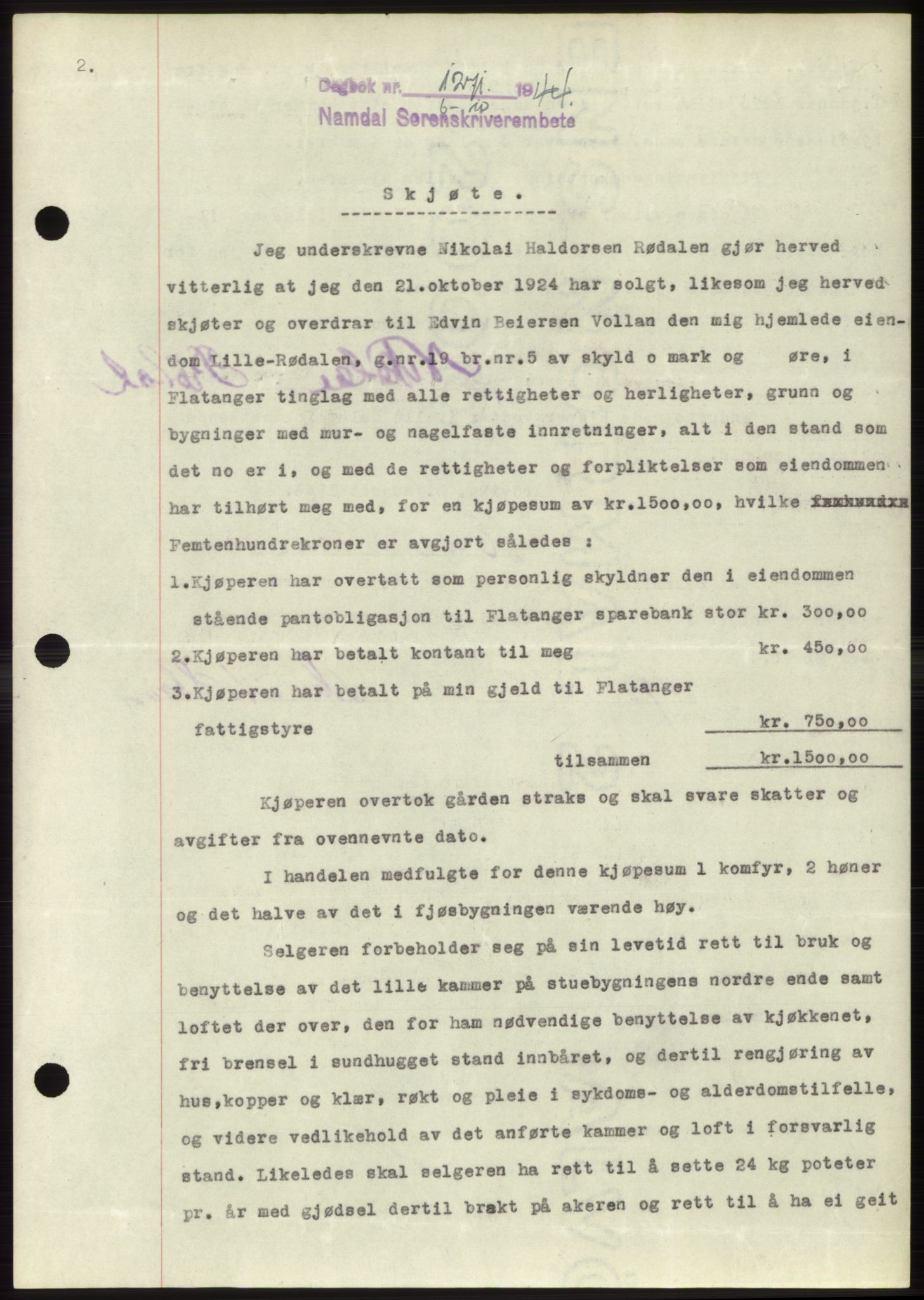 Namdal sorenskriveri, SAT/A-4133/1/2/2C: Pantebok nr. -, 1944-1945, Dagboknr: 1271/1944