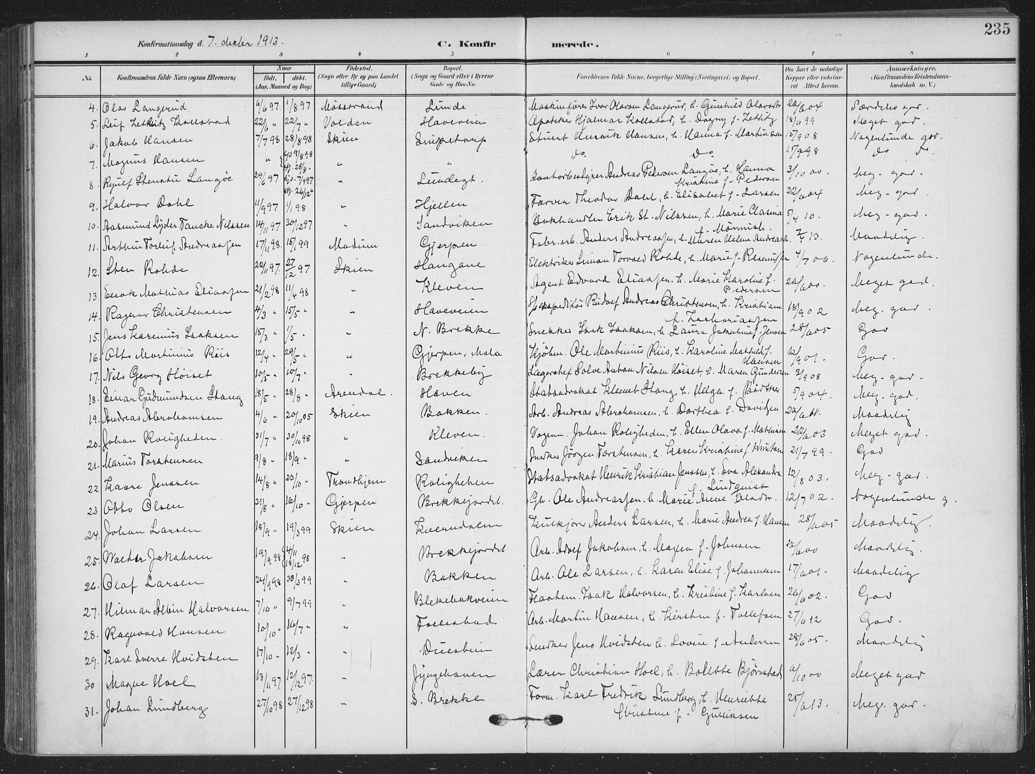 Skien kirkebøker, AV/SAKO-A-302/F/Fa/L0012: Ministerialbok nr. 12, 1908-1914, s. 235