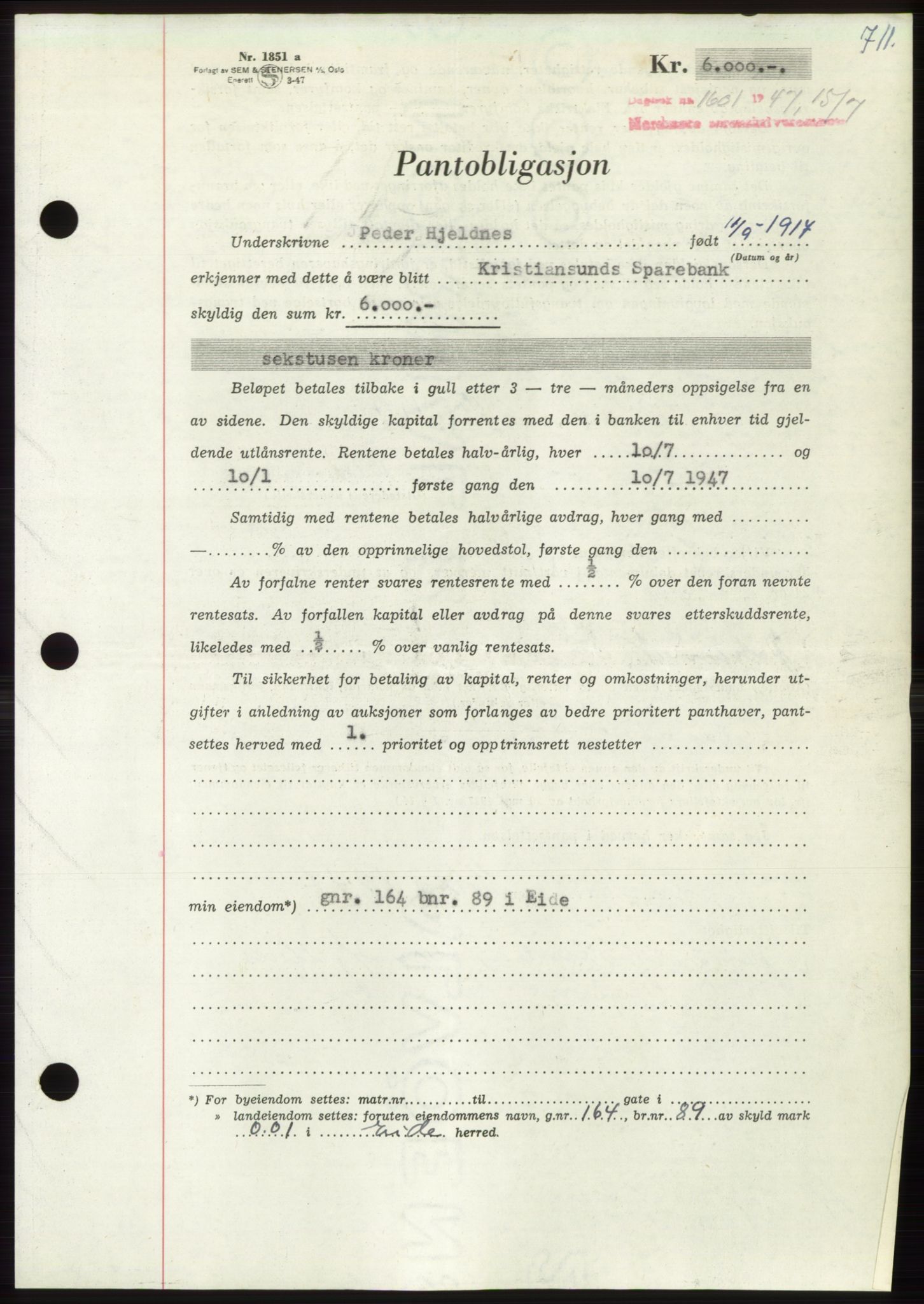 Nordmøre sorenskriveri, AV/SAT-A-4132/1/2/2Ca: Pantebok nr. B96, 1947-1947, Dagboknr: 1601/1947