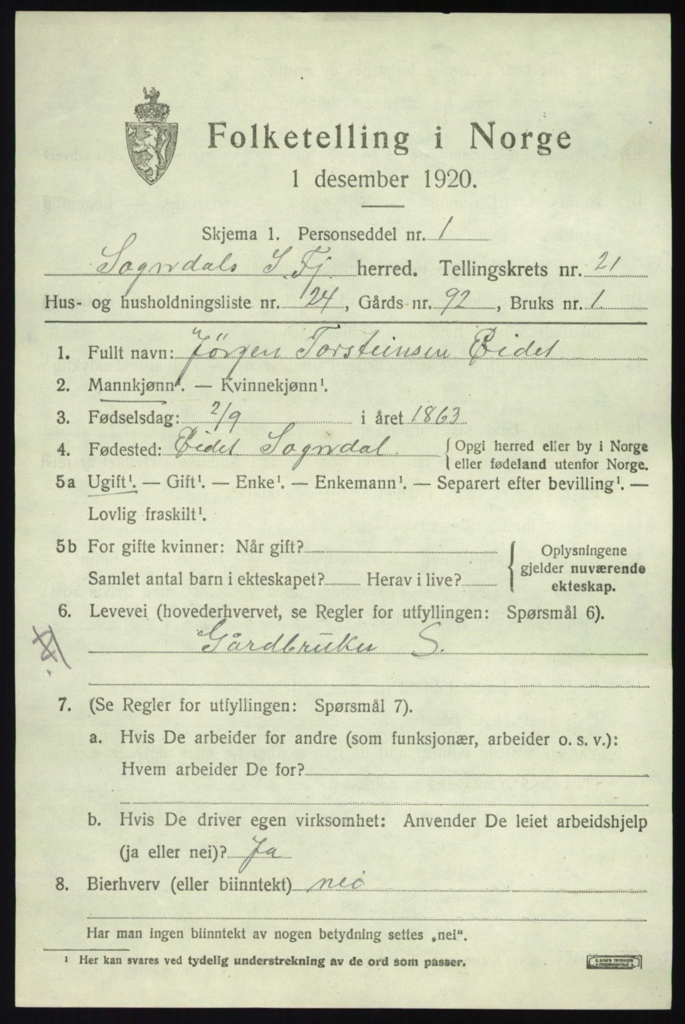 SAB, Folketelling 1920 for 1420 Sogndal herred, 1920, s. 7941