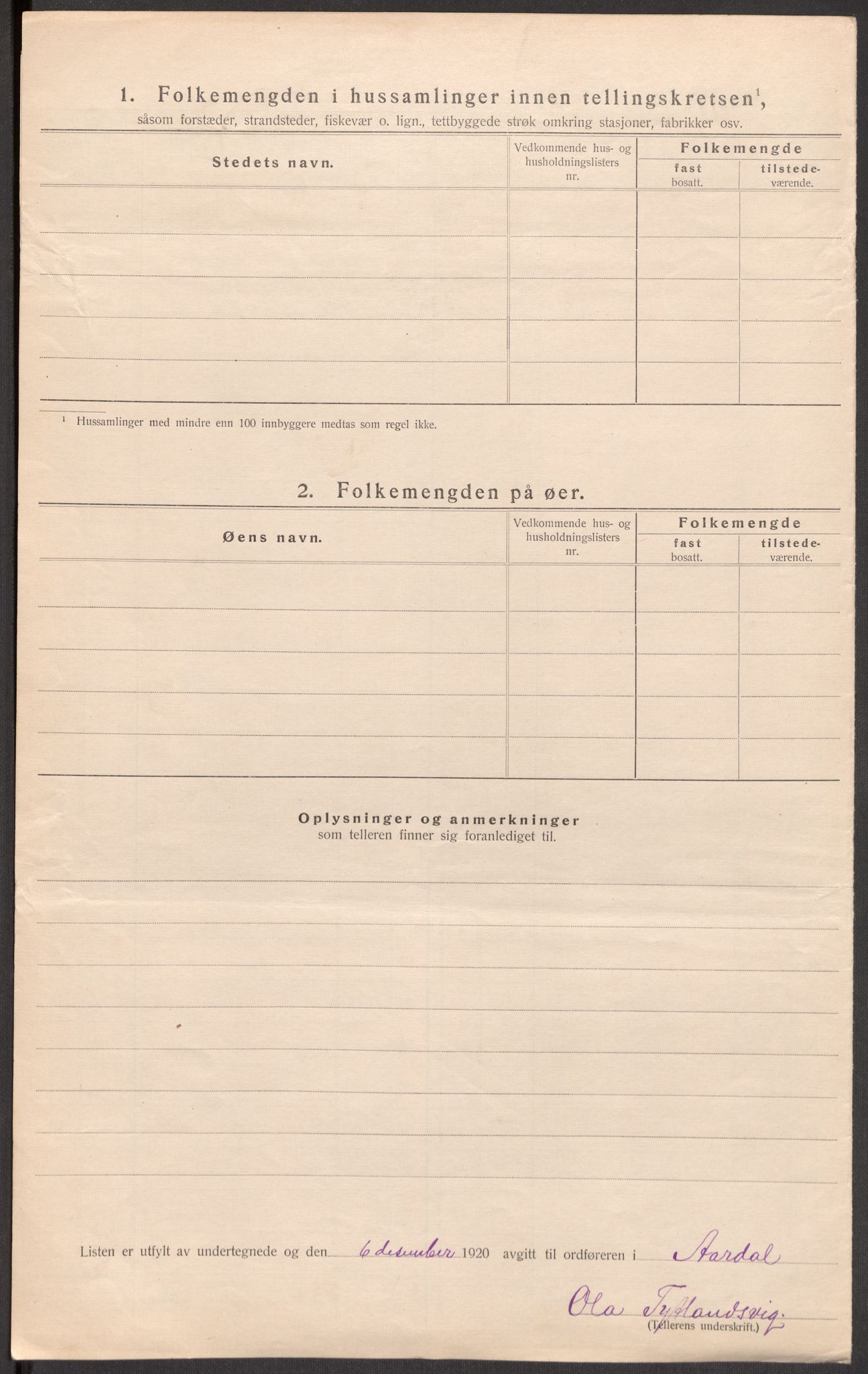 SAST, Folketelling 1920 for 1131 Årdal herred, 1920, s. 9