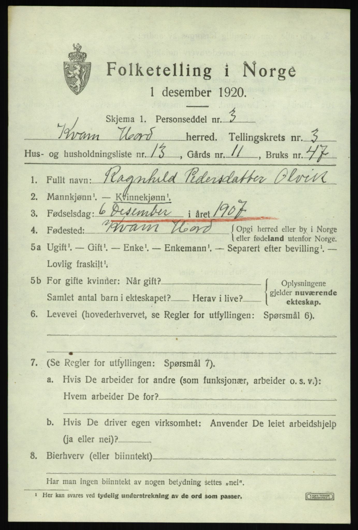 SAB, Folketelling 1920 for 1238 Kvam herred, 1920, s. 2663