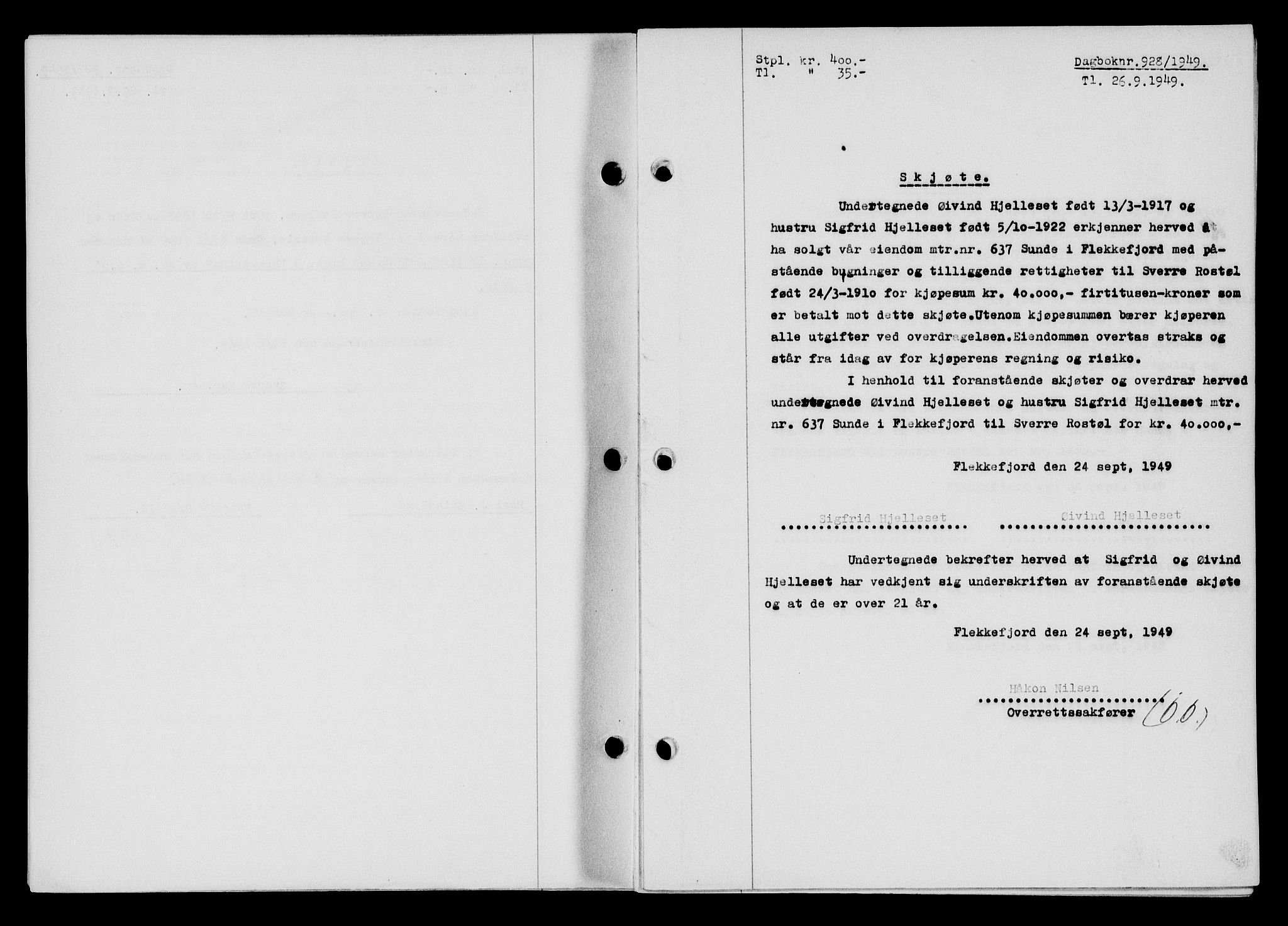Flekkefjord sorenskriveri, SAK/1221-0001/G/Gb/Gba/L0065: Pantebok nr. A-13, 1949-1949, Dagboknr: 928/1949