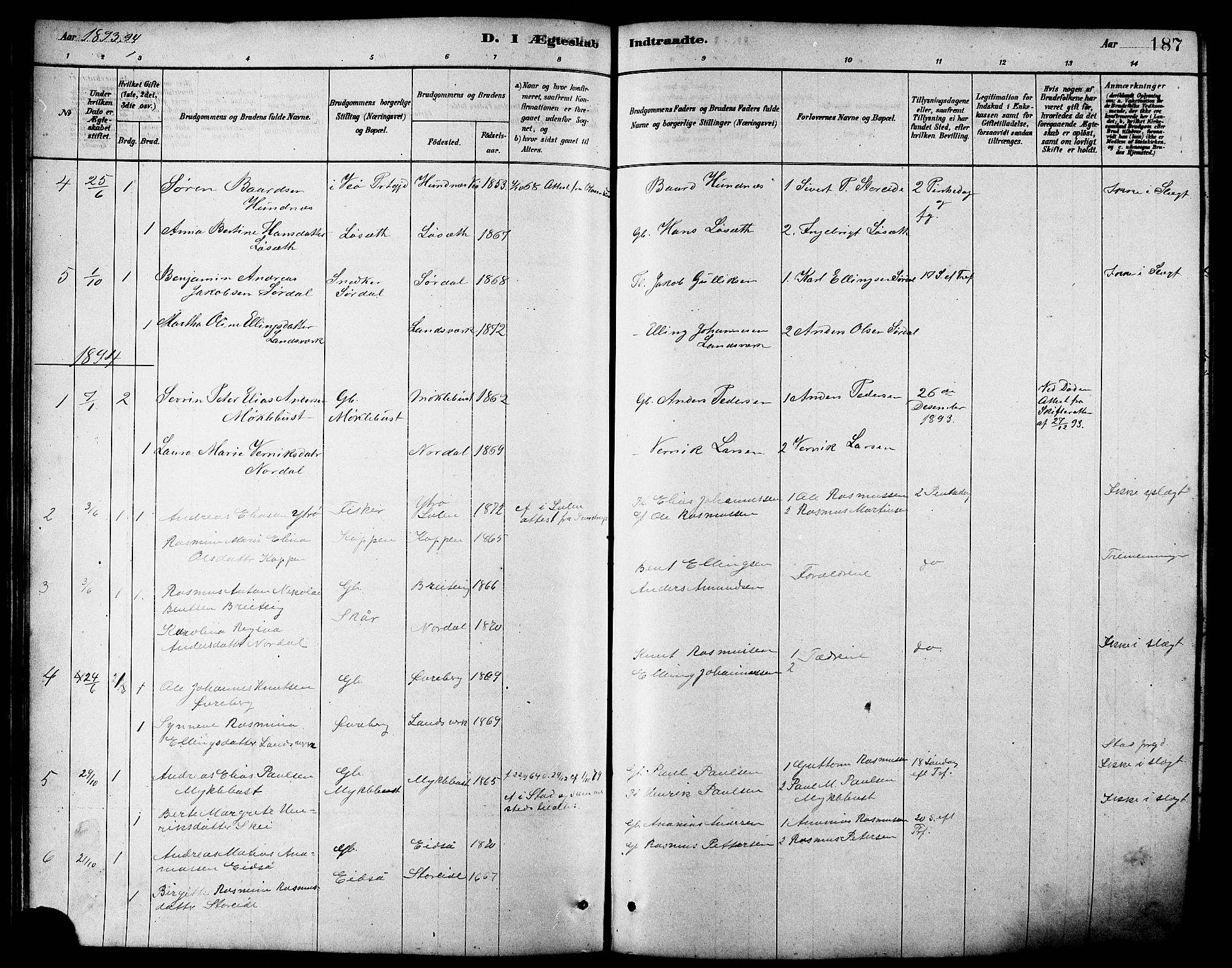 Ministerialprotokoller, klokkerbøker og fødselsregistre - Møre og Romsdal, SAT/A-1454/502/L0027: Klokkerbok nr. 502C01, 1878-1908, s. 187