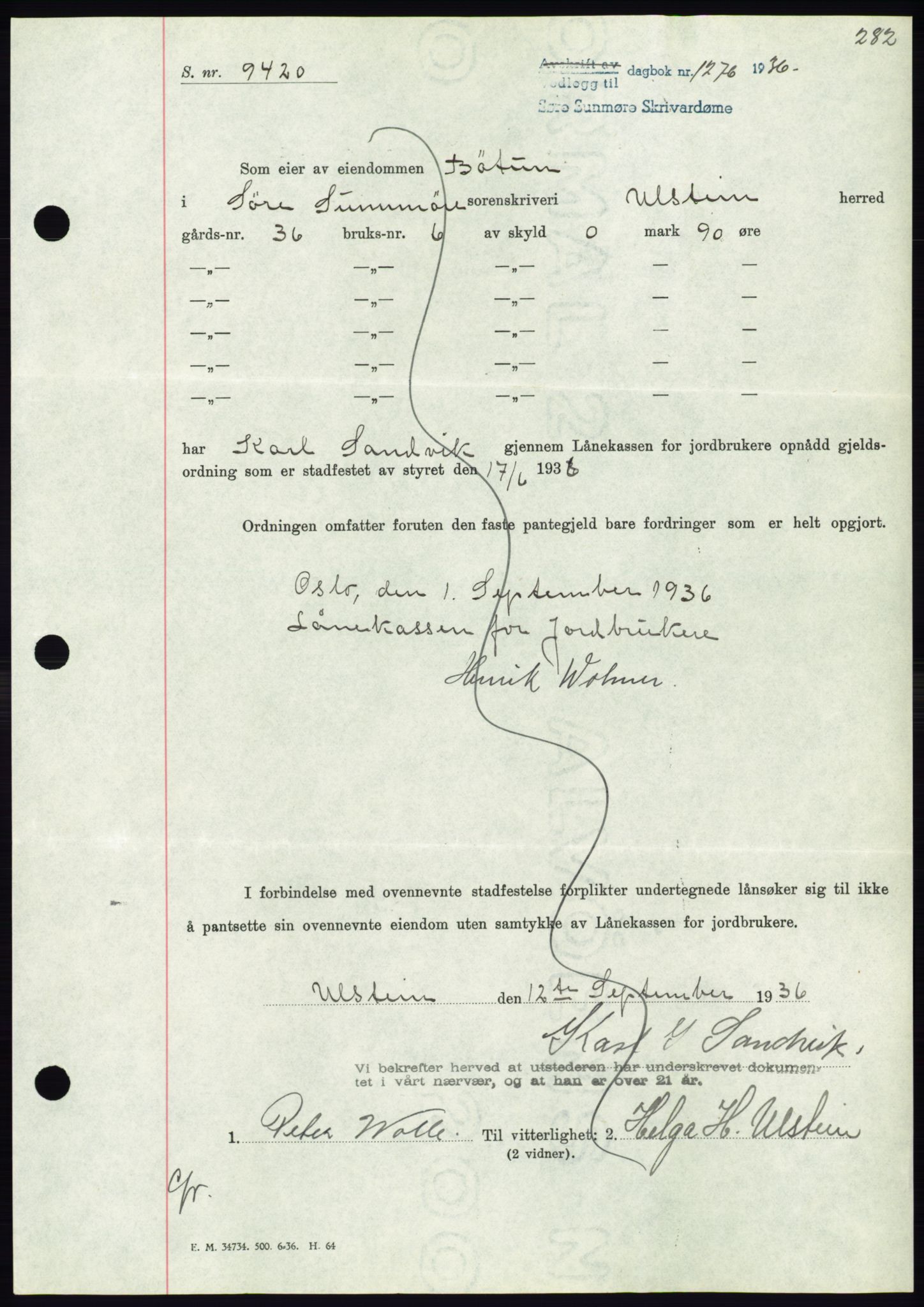 Søre Sunnmøre sorenskriveri, AV/SAT-A-4122/1/2/2C/L0061: Pantebok nr. 55, 1936-1936, Dagboknr: 1276/1936