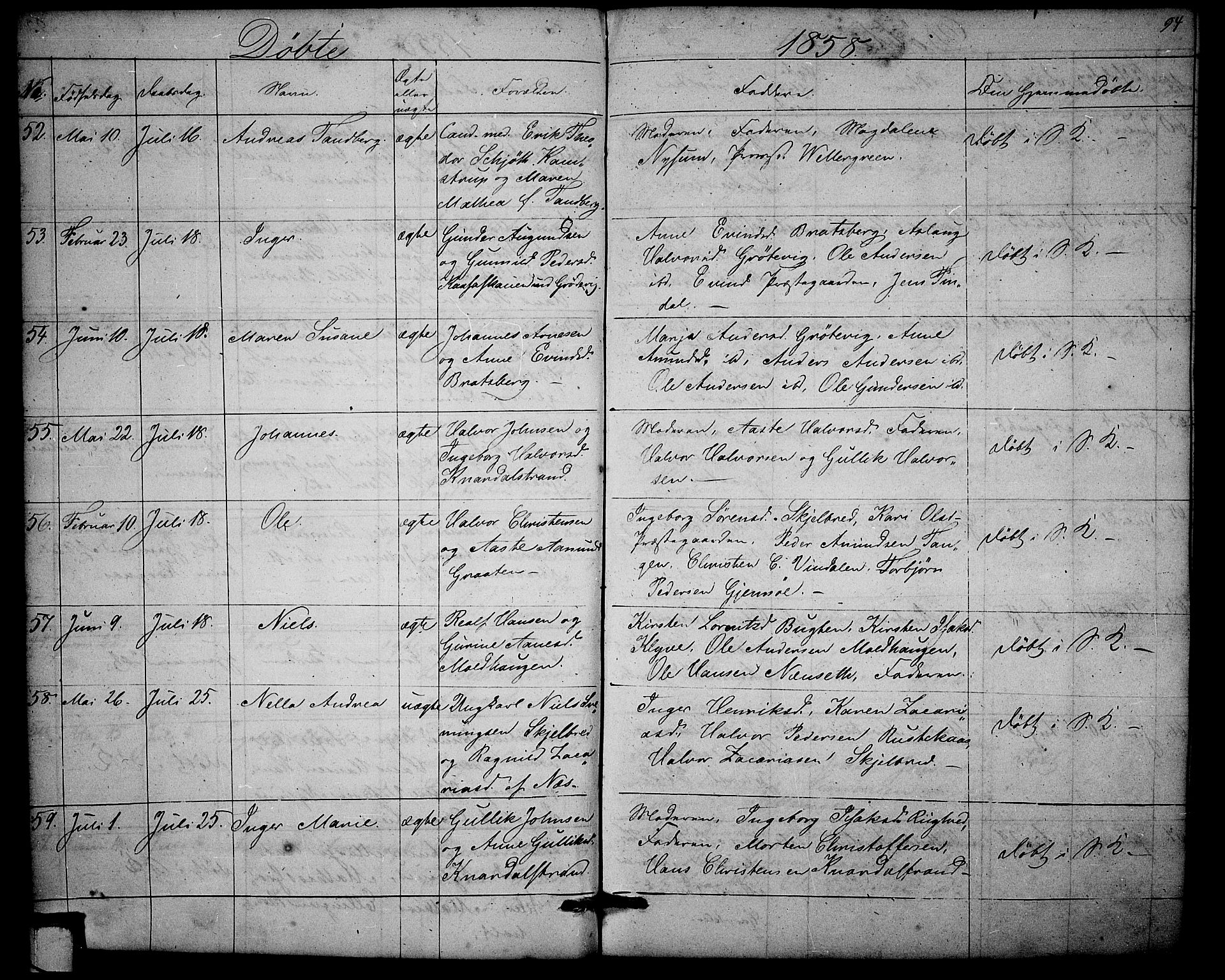 Solum kirkebøker, AV/SAKO-A-306/G/Ga/L0003: Klokkerbok nr. I 3, 1848-1859, s. 94