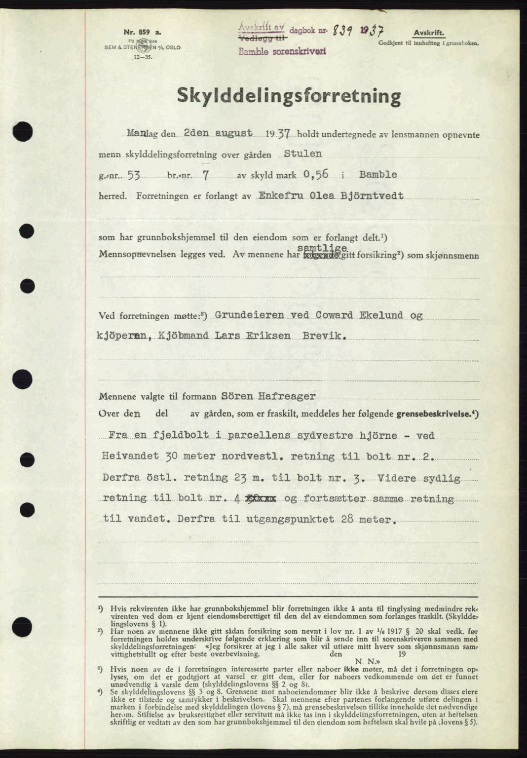 Bamble sorenskriveri, AV/SAKO-A-214/G/Ga/Gag/L0002: Pantebok nr. A-2, 1937-1938, Dagboknr: 839/1937