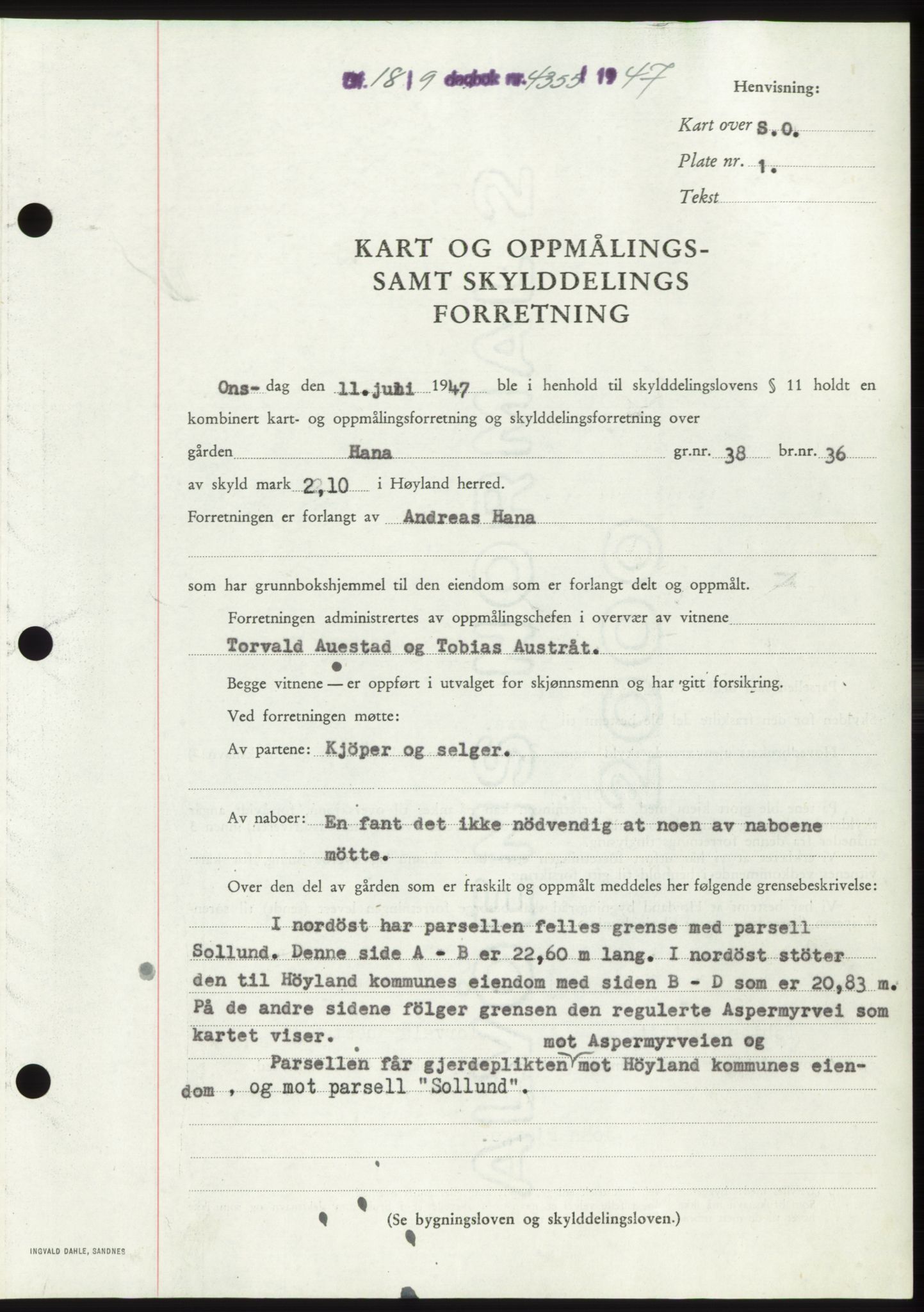 Jæren sorenskriveri, SAST/A-100310/03/G/Gba/L0096: Pantebok, 1947-1947, Dagboknr: 4355/1947
