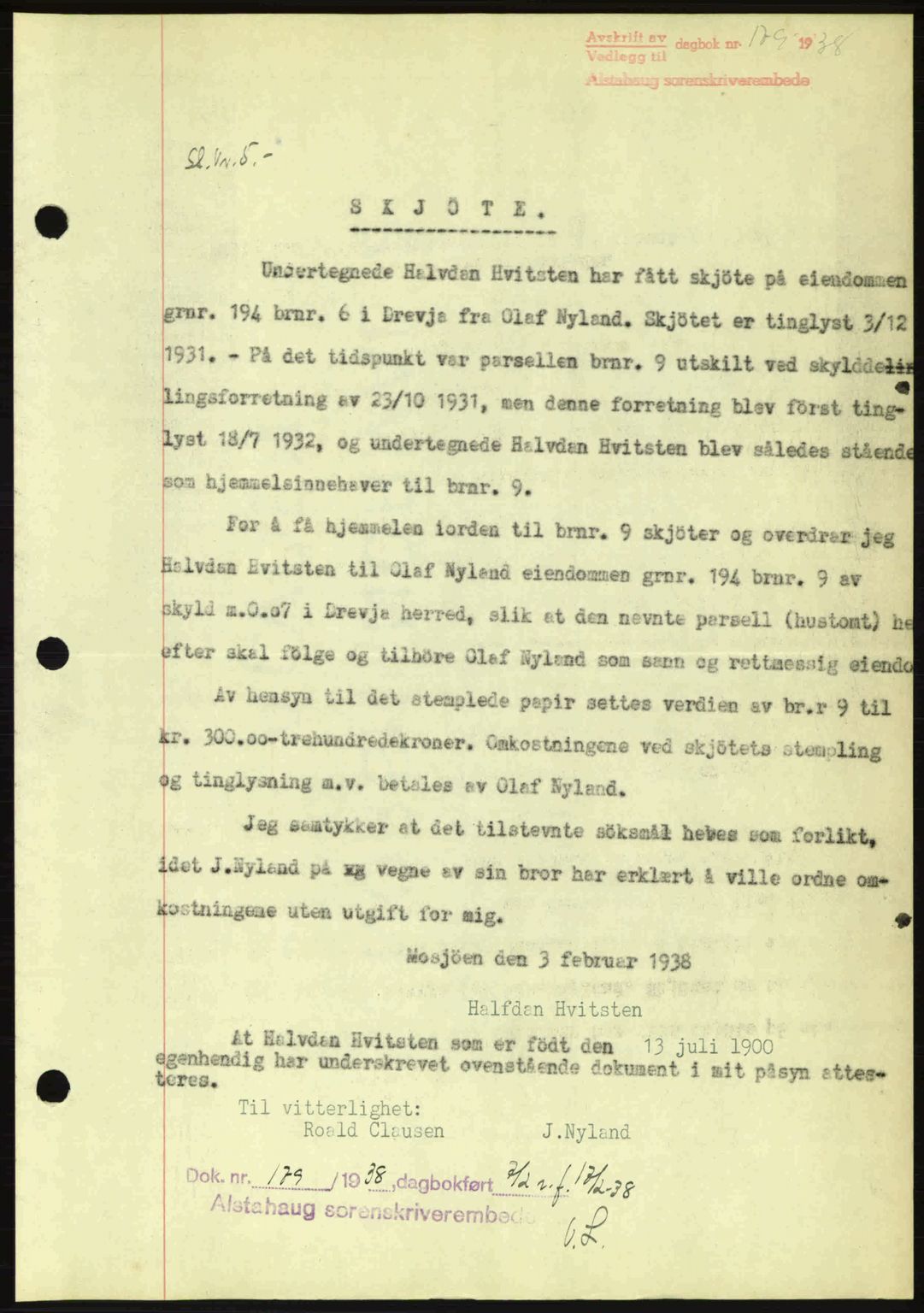 Alstahaug sorenskriveri, SAT/A-1009: Pantebok nr. A3, 1937-1938, Dagboknr: 179/1938