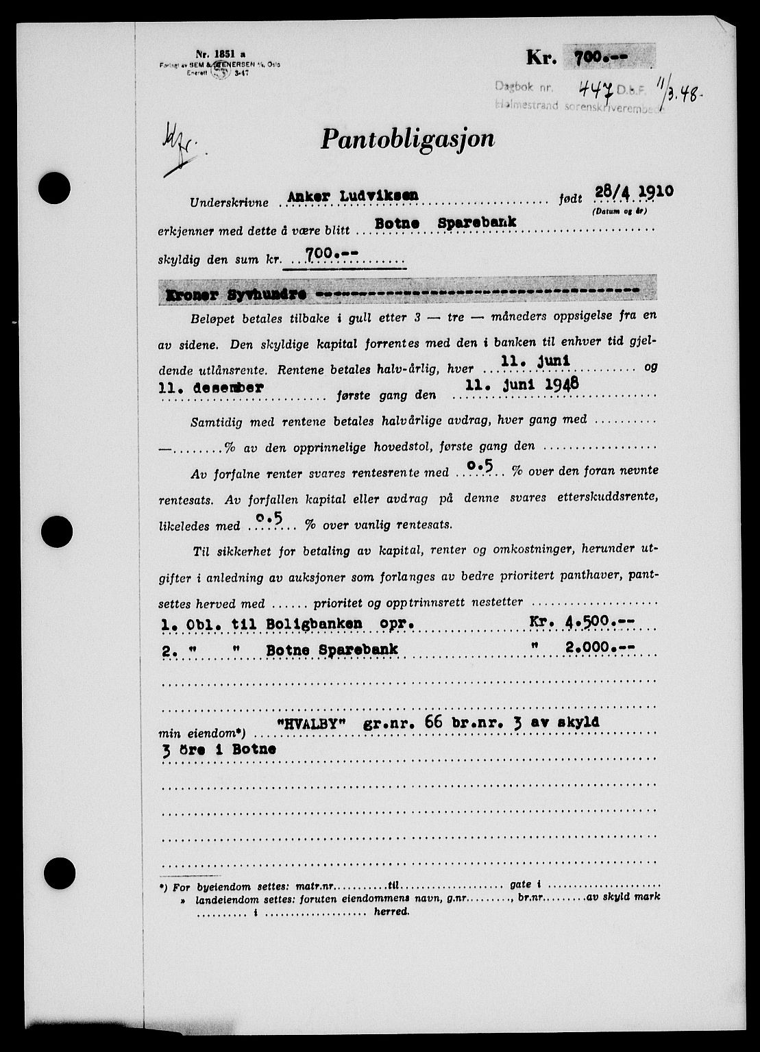 Holmestrand sorenskriveri, SAKO/A-67/G/Ga/Gab/L0058: Pantebok nr. B-58, 1947-1948, Dagboknr: 447/1948