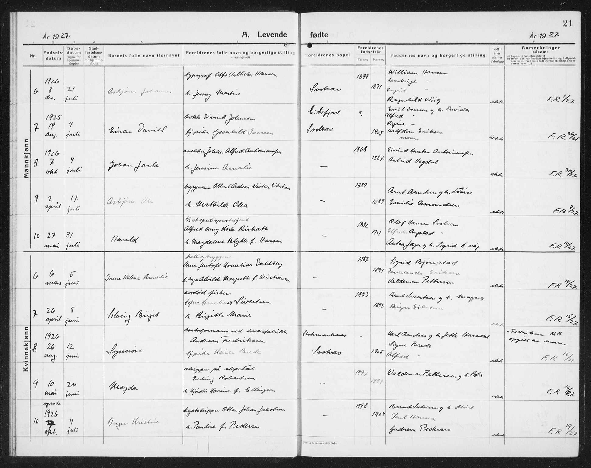 Ministerialprotokoller, klokkerbøker og fødselsregistre - Nordland, SAT/A-1459/877/L1117: Klokkerbok nr. 877C01, 1923-1942, s. 21