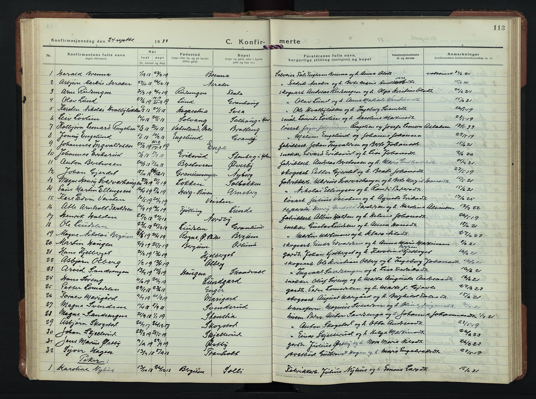 Søndre Land prestekontor, SAH/PREST-122/L/L0009: Klokkerbok nr. 9, 1933-1954, s. 113