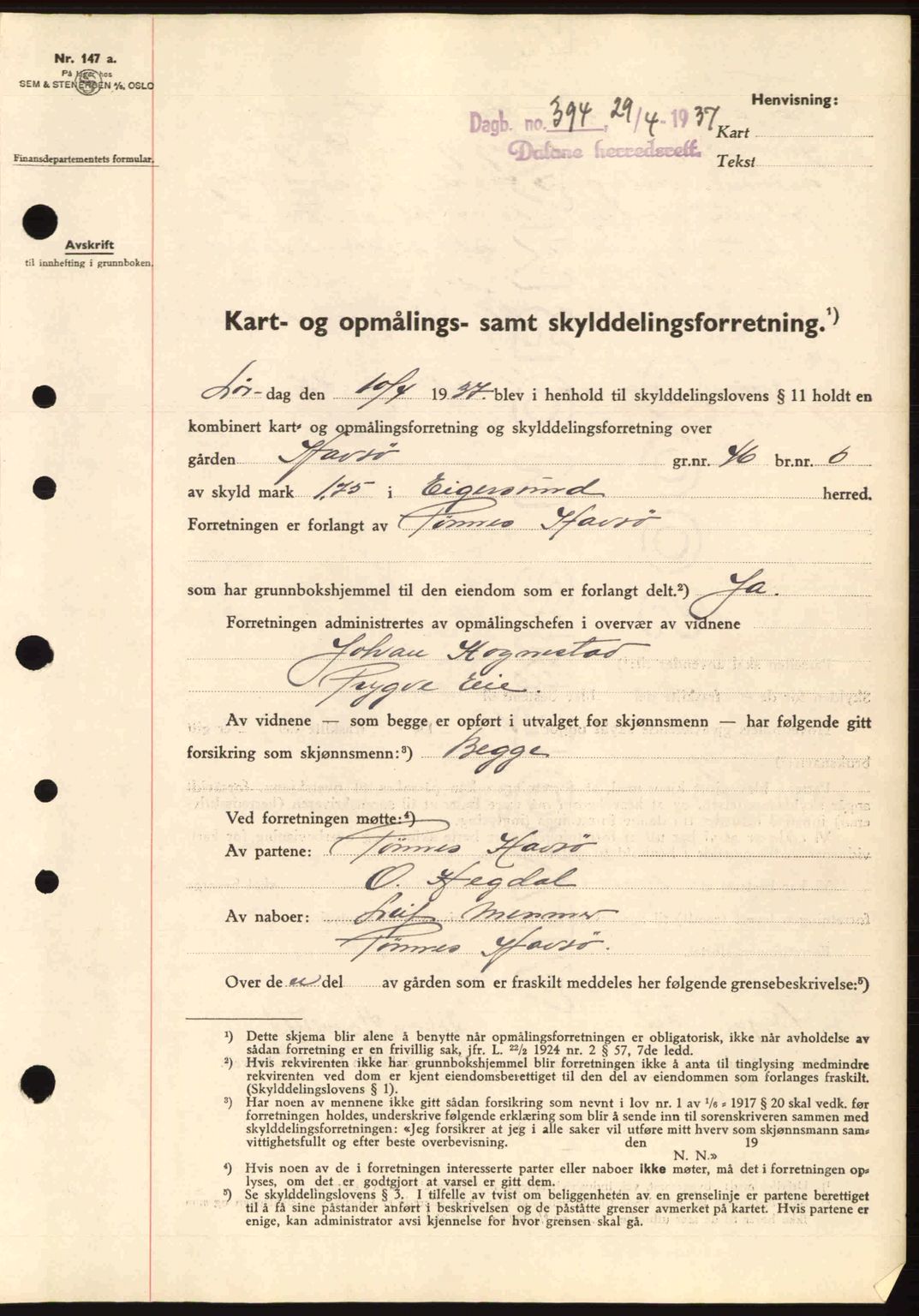Dalane sorenskriveri, SAST/A-100309/02/G/Gb/L0041: Pantebok nr. A2, 1936-1937, Dagboknr: 394/1937