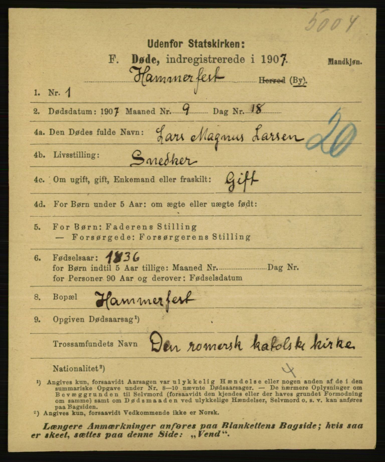 Statistisk sentralbyrå, Sosiodemografiske emner, Befolkning, AV/RA-S-2228/E/L0005: Fødte, gifte, døde dissentere., 1907, s. 3011