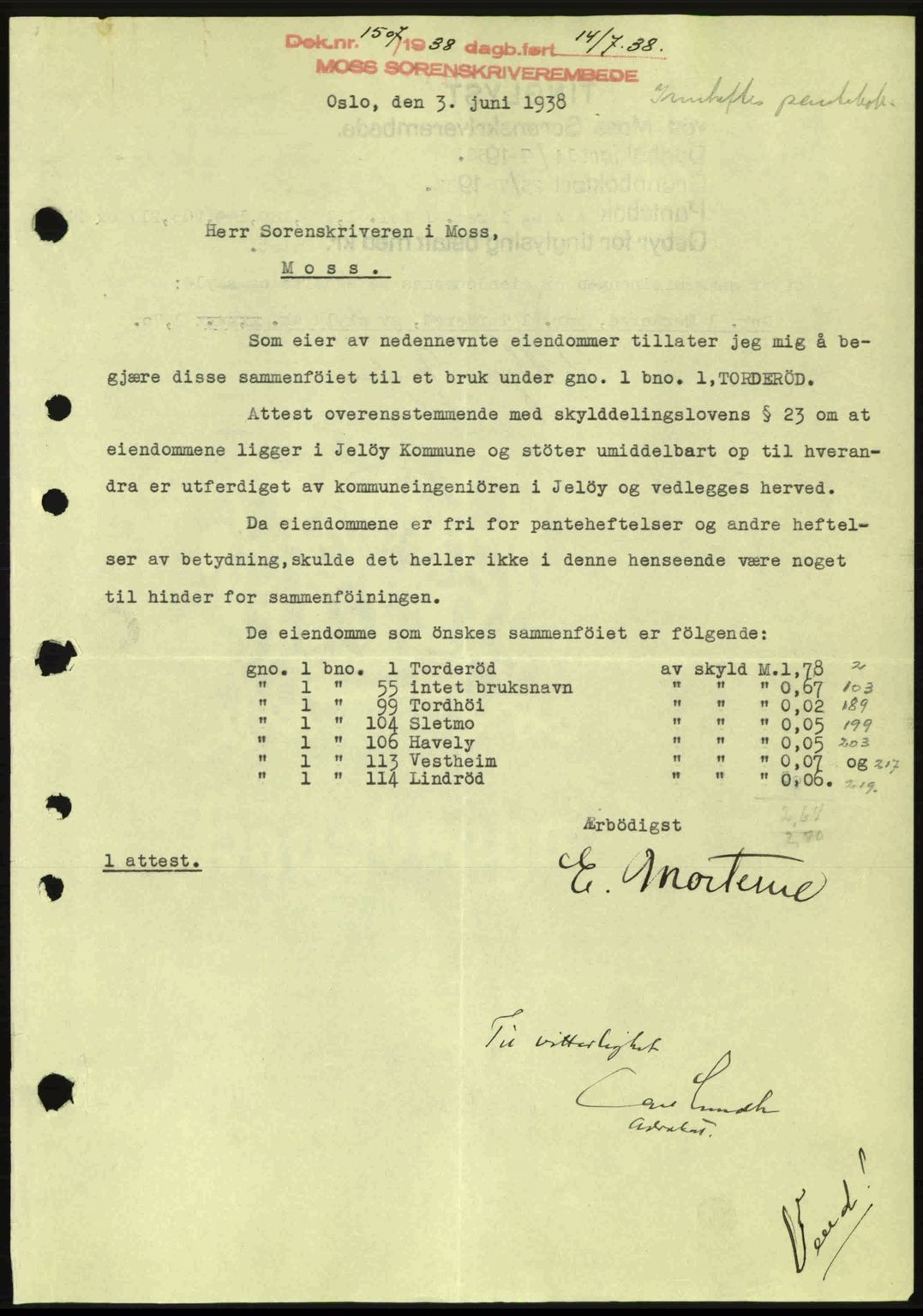 Moss sorenskriveri, SAO/A-10168: Pantebok nr. A4, 1938-1938, Dagboknr: 1507/1938