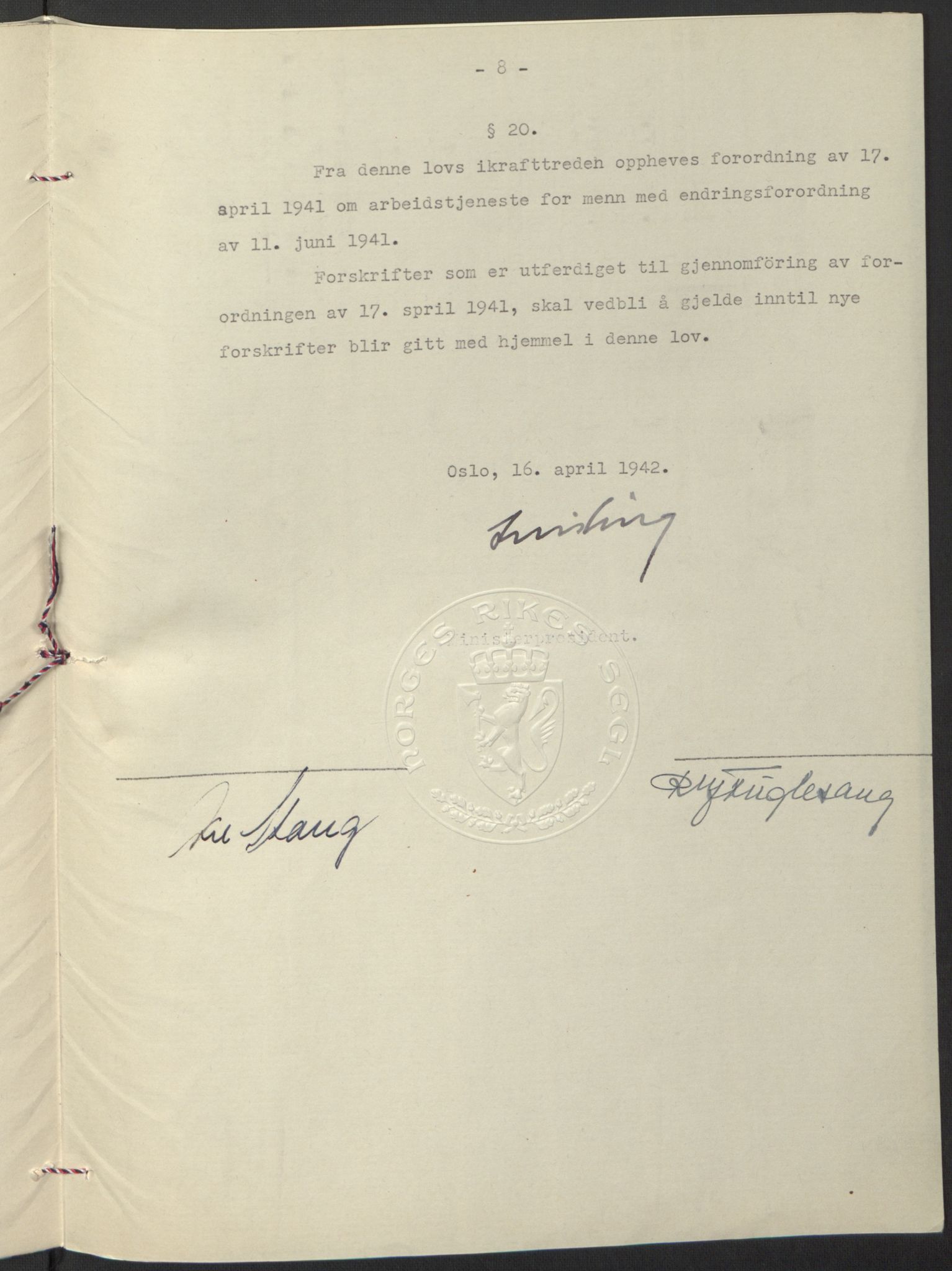 NS-administrasjonen 1940-1945 (Statsrådsekretariatet, de kommisariske statsråder mm), RA/S-4279/D/Db/L0097: Lover I, 1942, s. 297
