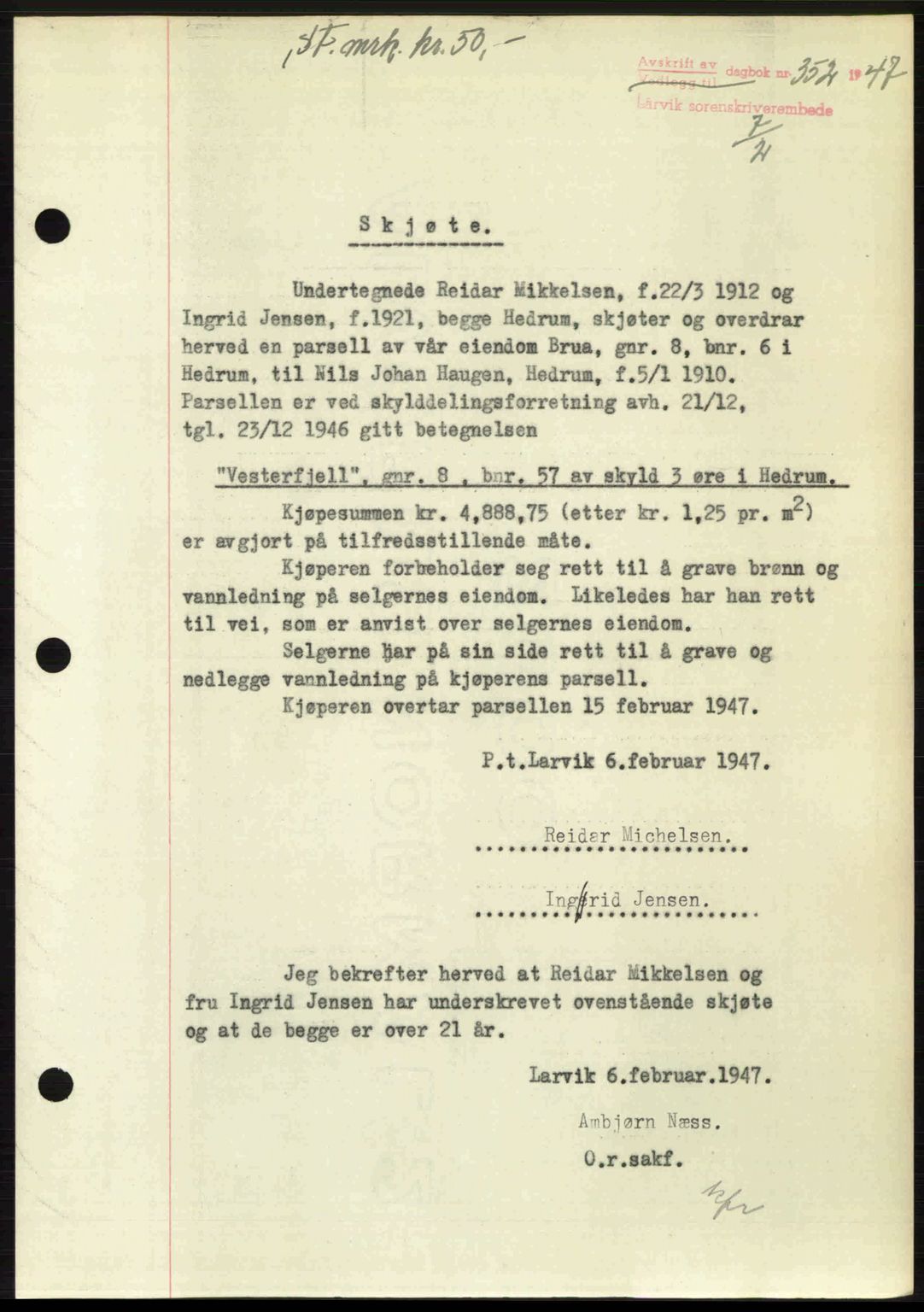 Larvik sorenskriveri, SAKO/A-83/G/Ga/Gab/L0083: Pantebok nr. A-17, 1946-1947, Dagboknr: 352/1947