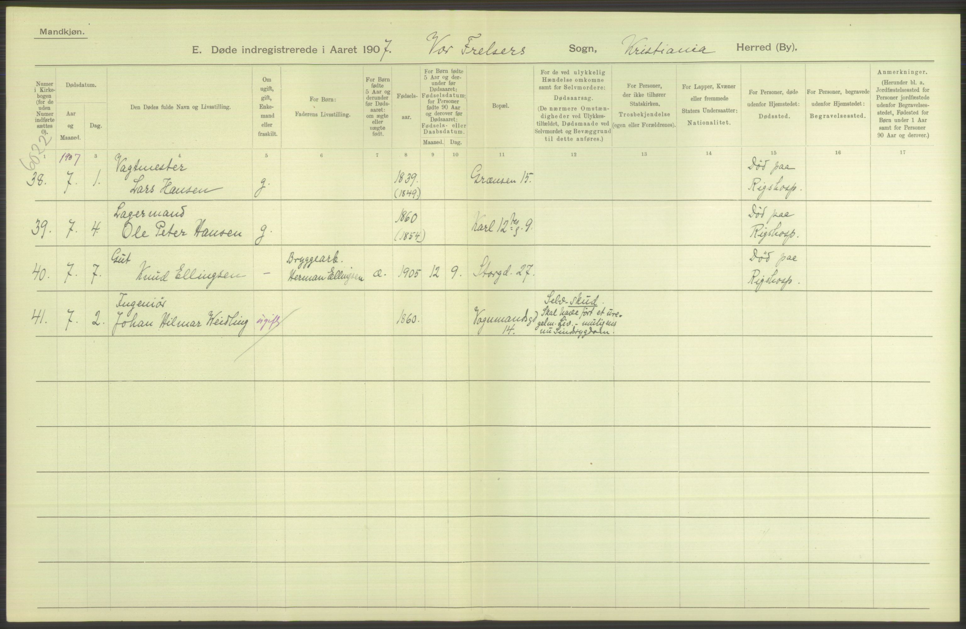 Statistisk sentralbyrå, Sosiodemografiske emner, Befolkning, AV/RA-S-2228/D/Df/Dfa/Dfae/L0010: Kristiania: Døde, dødfødte, 1907, s. 418