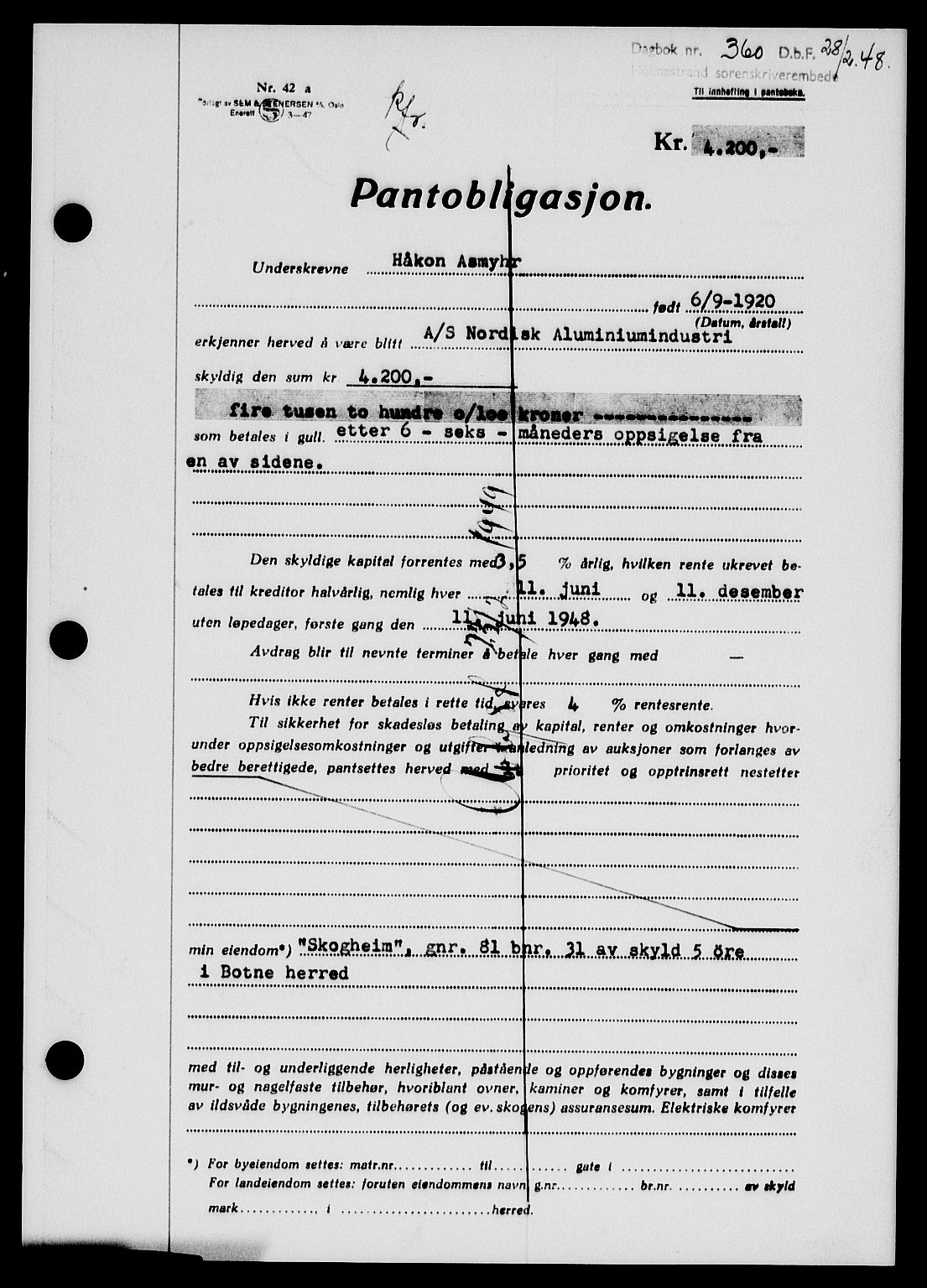 Holmestrand sorenskriveri, SAKO/A-67/G/Ga/Gab/L0058: Pantebok nr. B-58, 1947-1948, Dagboknr: 360/1948
