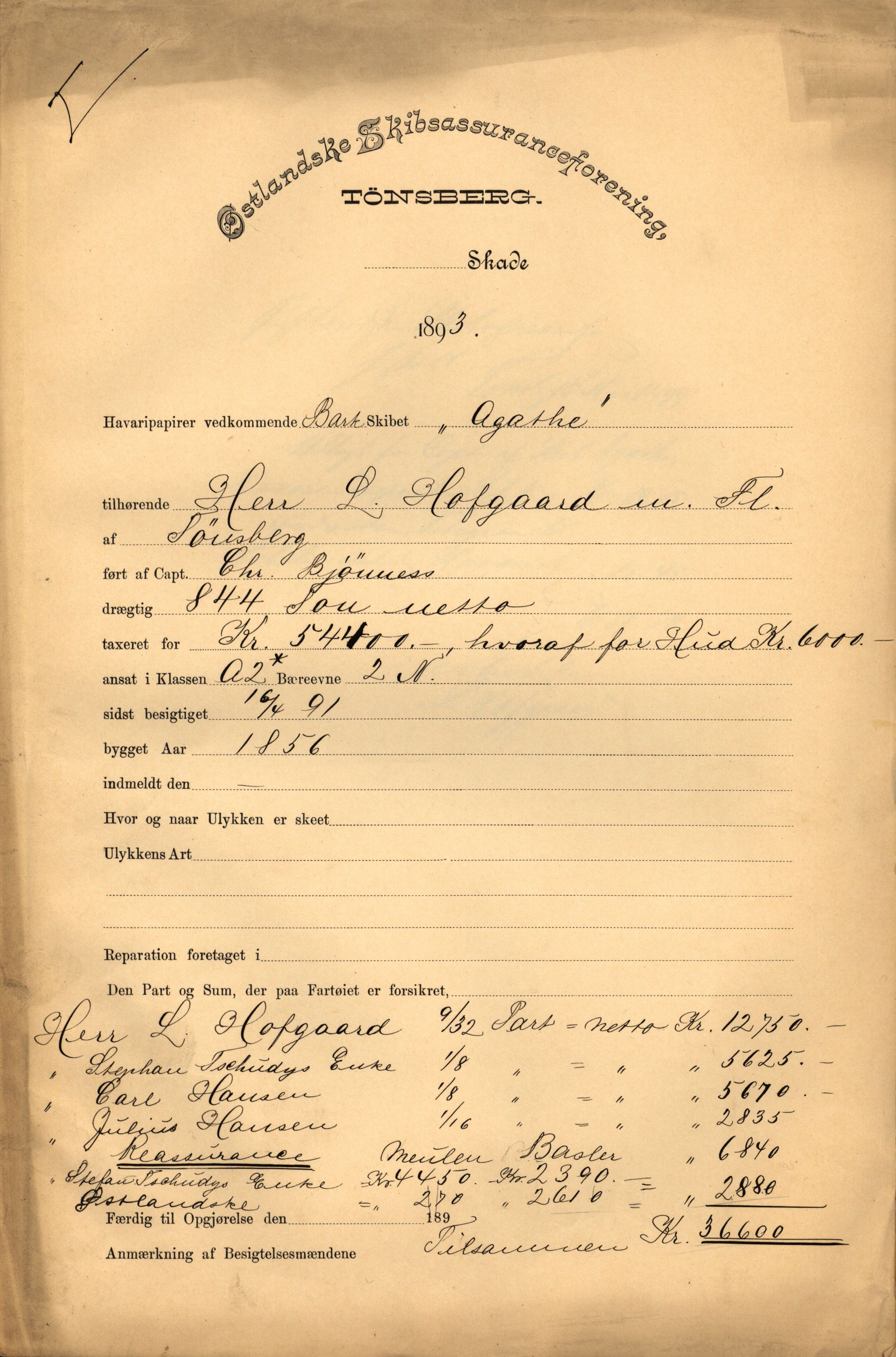 Pa 63 - Østlandske skibsassuranceforening, VEMU/A-1079/G/Ga/L0029/0009: Havaridokumenter / Anette, Agathe, Agra, Buffalo, 1893, s. 4