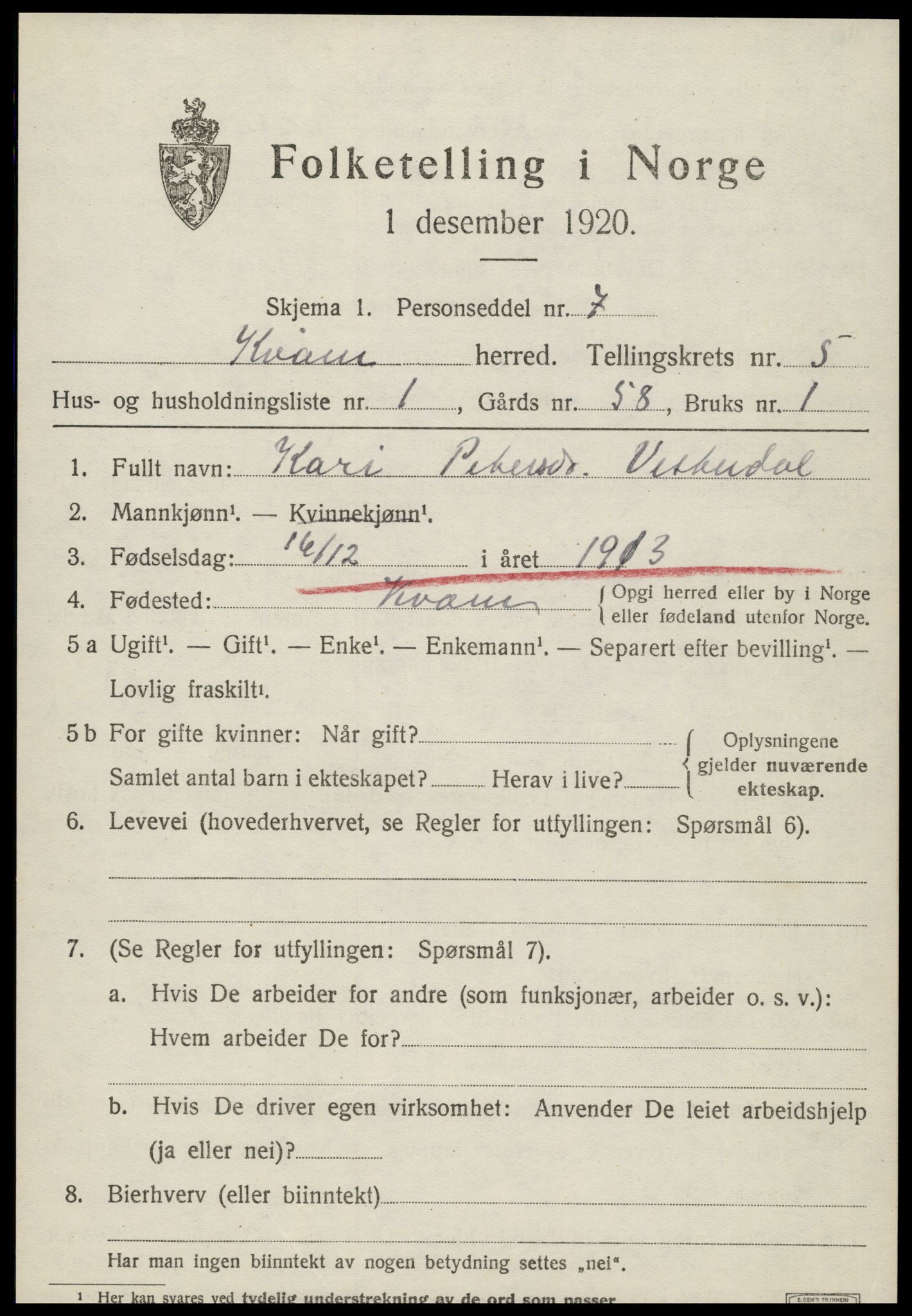 SAT, Folketelling 1920 for 1735 Kvam herred, 1920, s. 1389