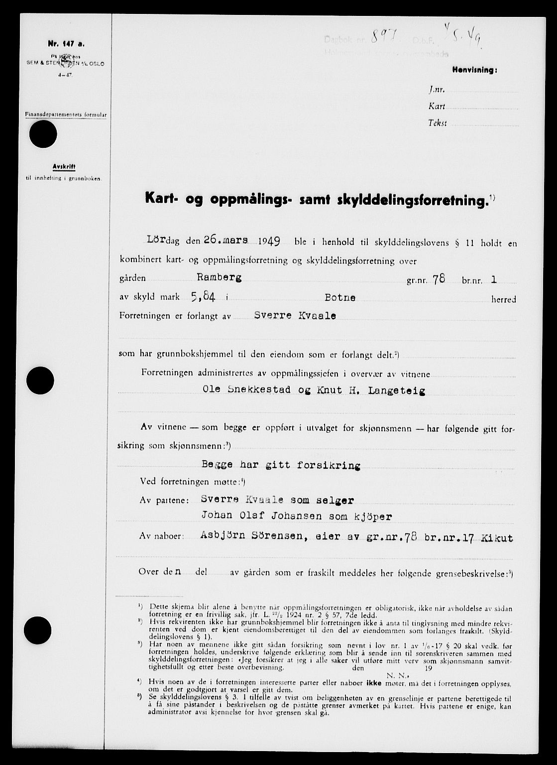 Holmestrand sorenskriveri, SAKO/A-67/G/Ga/Gaa/L0066: Pantebok nr. A-66, 1949-1949, Dagboknr: 897/1949