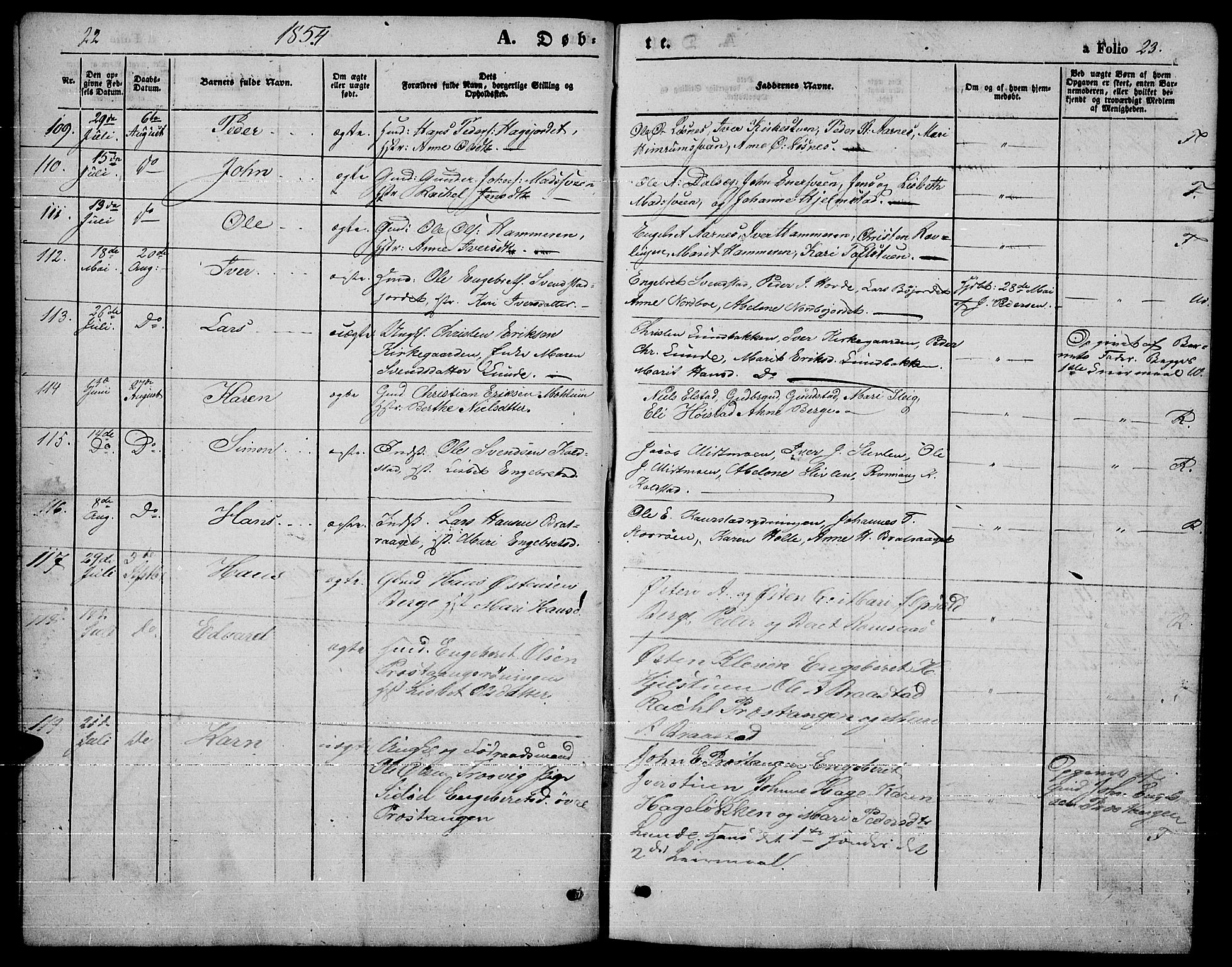 Ringebu prestekontor, AV/SAH-PREST-082/H/Ha/Hab/L0003: Klokkerbok nr. 3, 1854-1866, s. 22-23