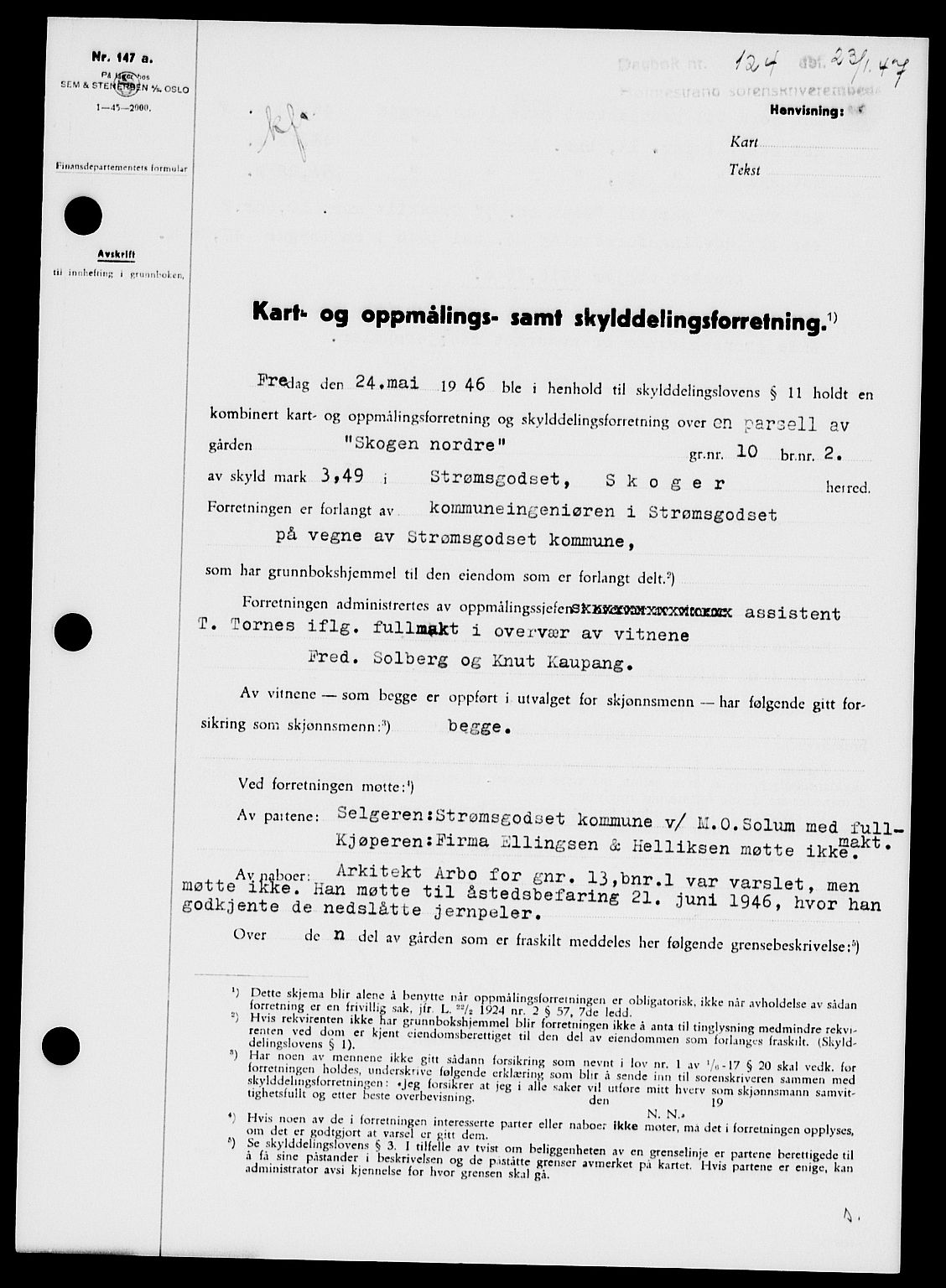 Holmestrand sorenskriveri, SAKO/A-67/G/Ga/Gaa/L0061: Pantebok nr. A-61, 1946-1947, Dagboknr: 124/1947