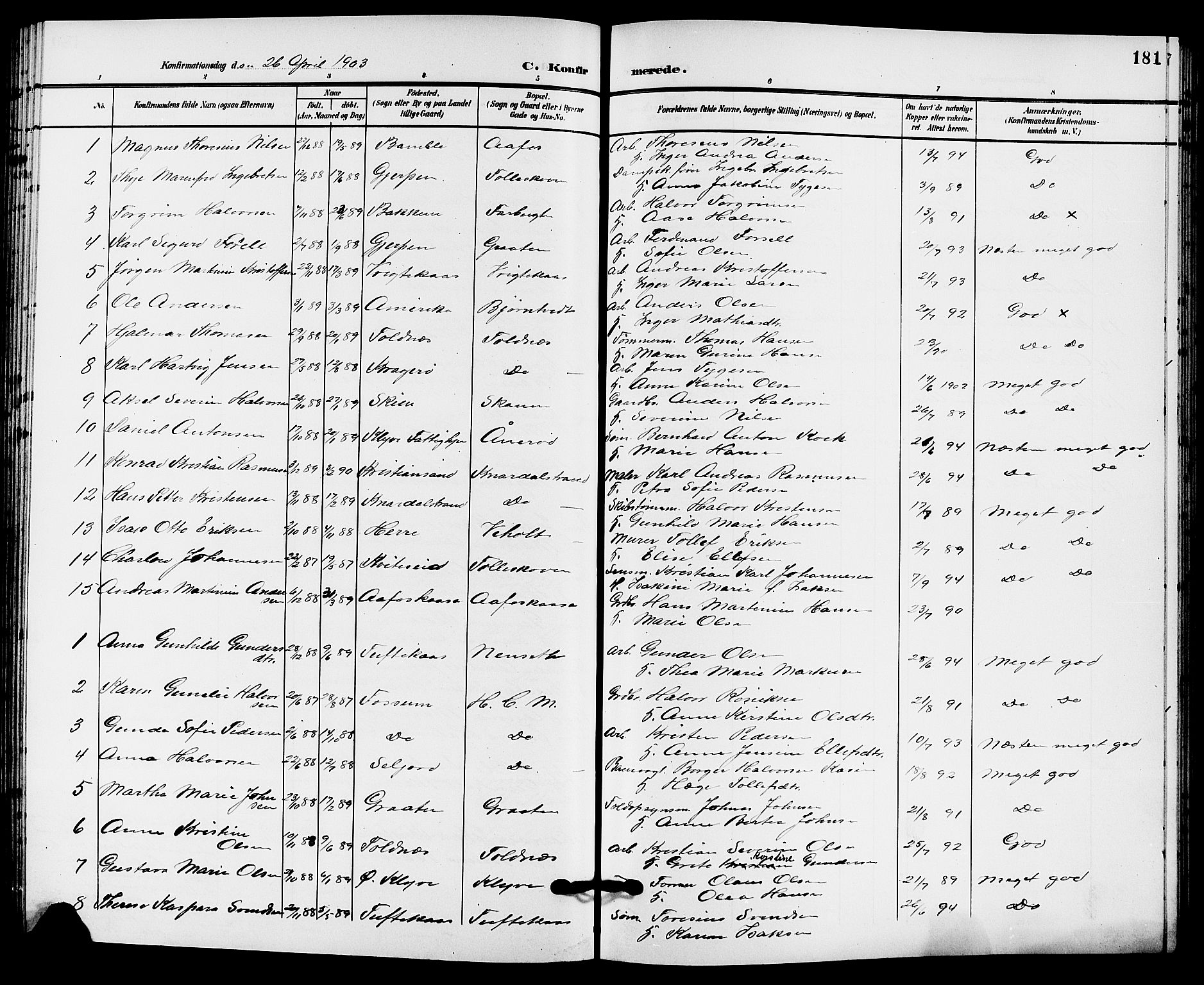 Solum kirkebøker, AV/SAKO-A-306/G/Ga/L0008: Klokkerbok nr. I 8, 1898-1909, s. 181