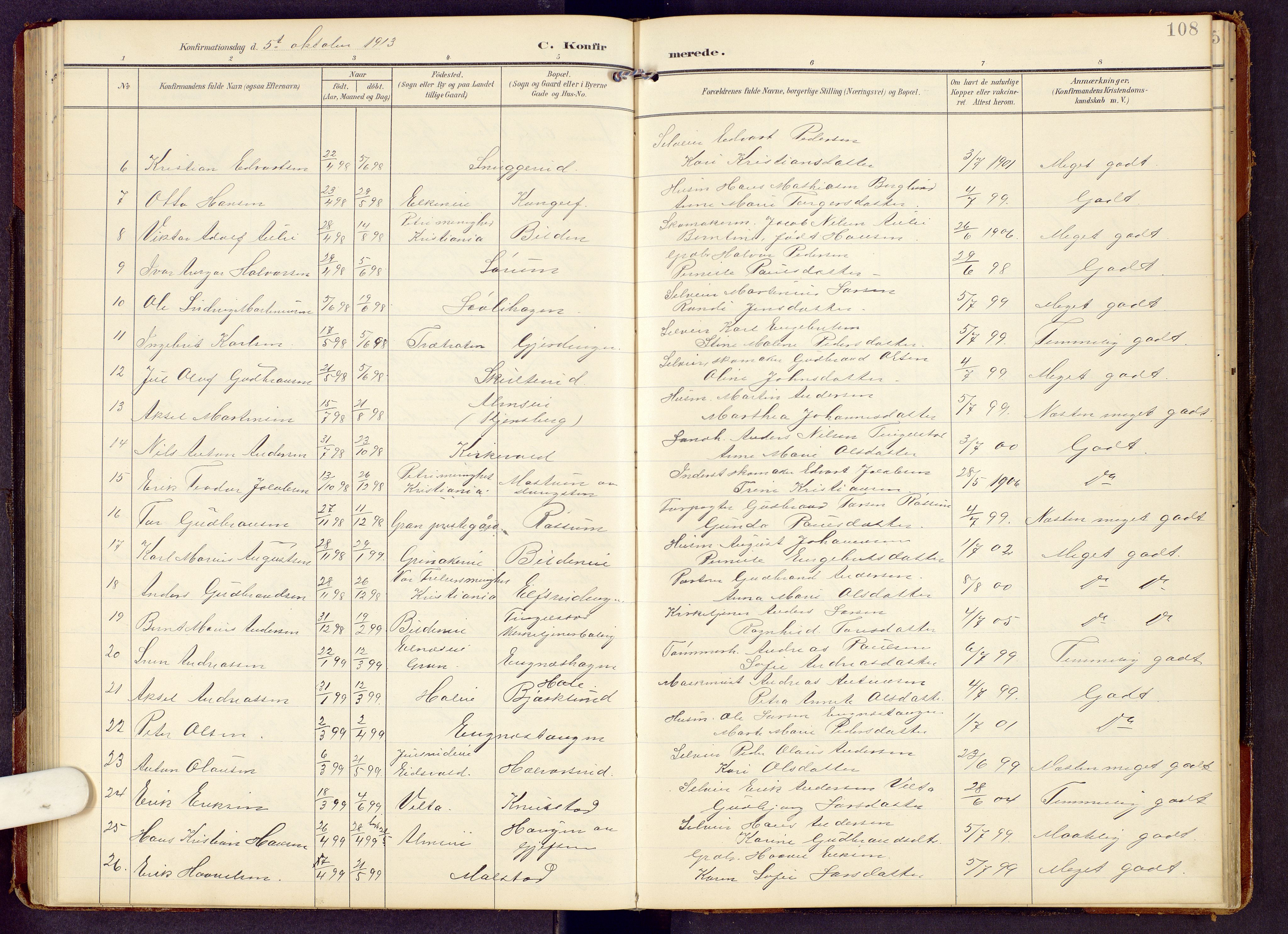 Brandbu prestekontor, SAH/PREST-114/H/Ha/Hab/L0009: Klokkerbok nr. 9, 1903-1916, s. 108