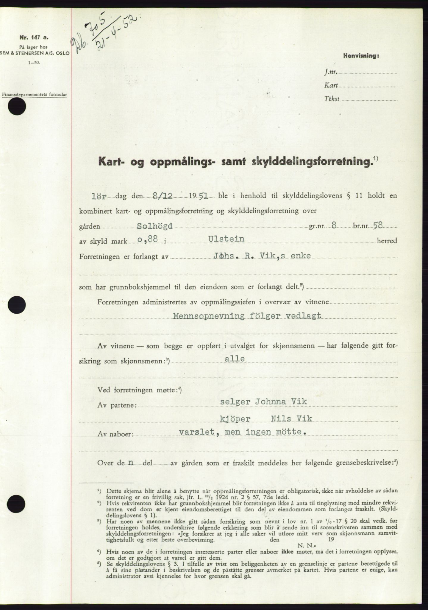 Søre Sunnmøre sorenskriveri, SAT/A-4122/1/2/2C/L0091: Pantebok nr. 17A, 1951-1952, Dagboknr: 705/1952