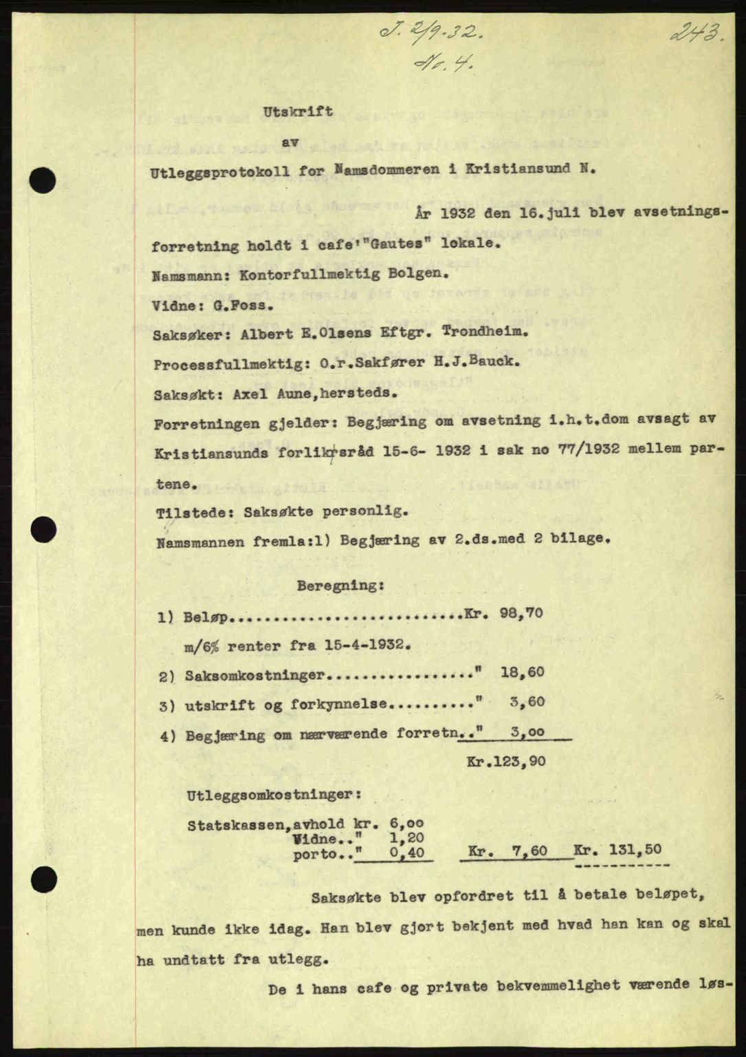 Kristiansund byfogd, AV/SAT-A-4587/A/27: Pantebok nr. 26, 1931-1933, Tingl.dato: 02.09.1932