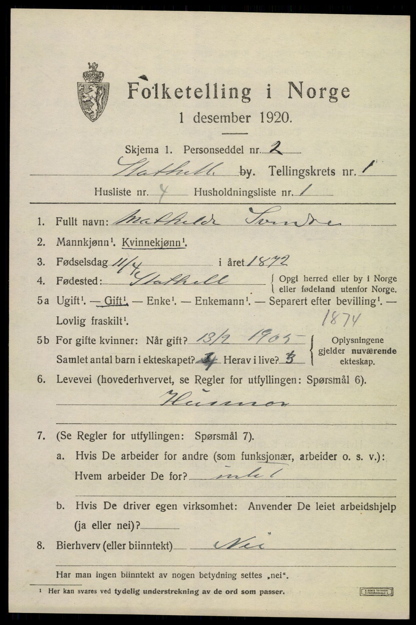 SAKO, Folketelling 1920 for 0803 Stathelle ladested, 1920, s. 575