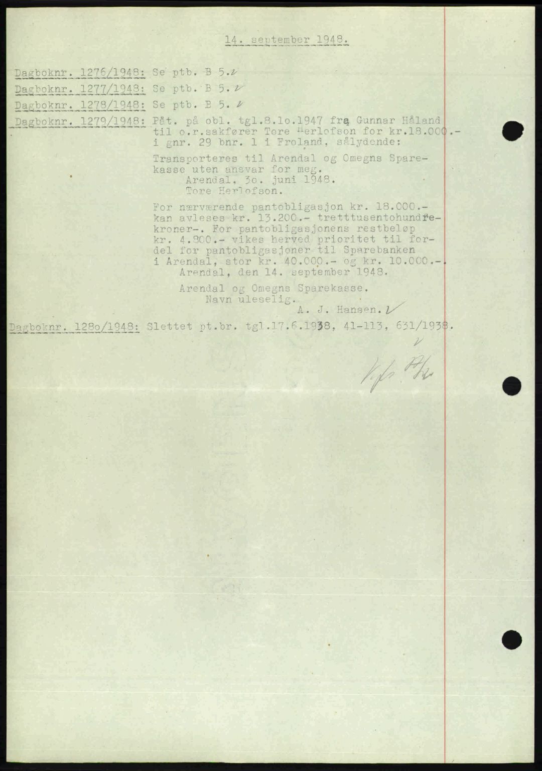 Nedenes sorenskriveri, SAK/1221-0006/G/Gb/Gba/L0059: Pantebok nr. A11, 1948-1948, Dagboknr: 1276/1948