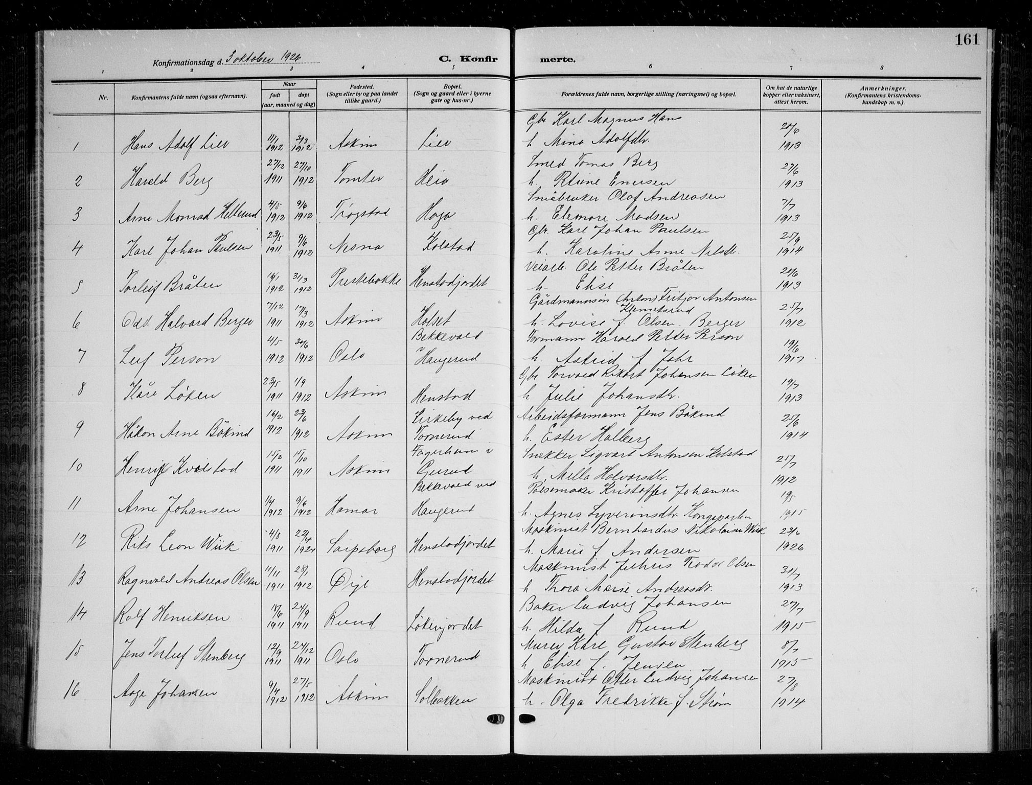 Askim prestekontor Kirkebøker, AV/SAO-A-10900/G/Ga/L0003: Klokkerbok nr. 3, 1921-1937, s. 161