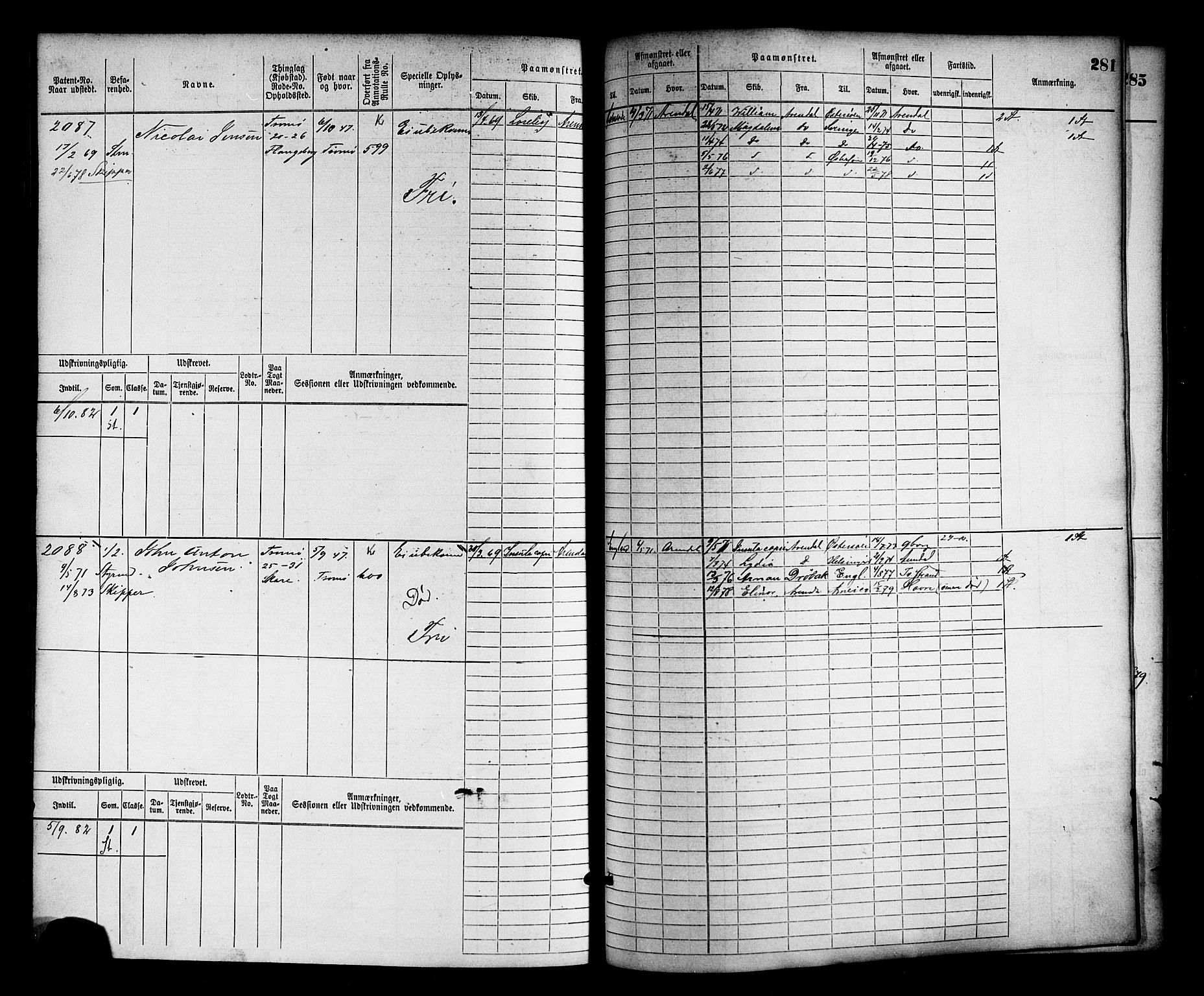 Arendal mønstringskrets, AV/SAK-2031-0012/F/Fb/L0012: Hovedrulle nr 1529-2290, S-10, 1868-1885, s. 291