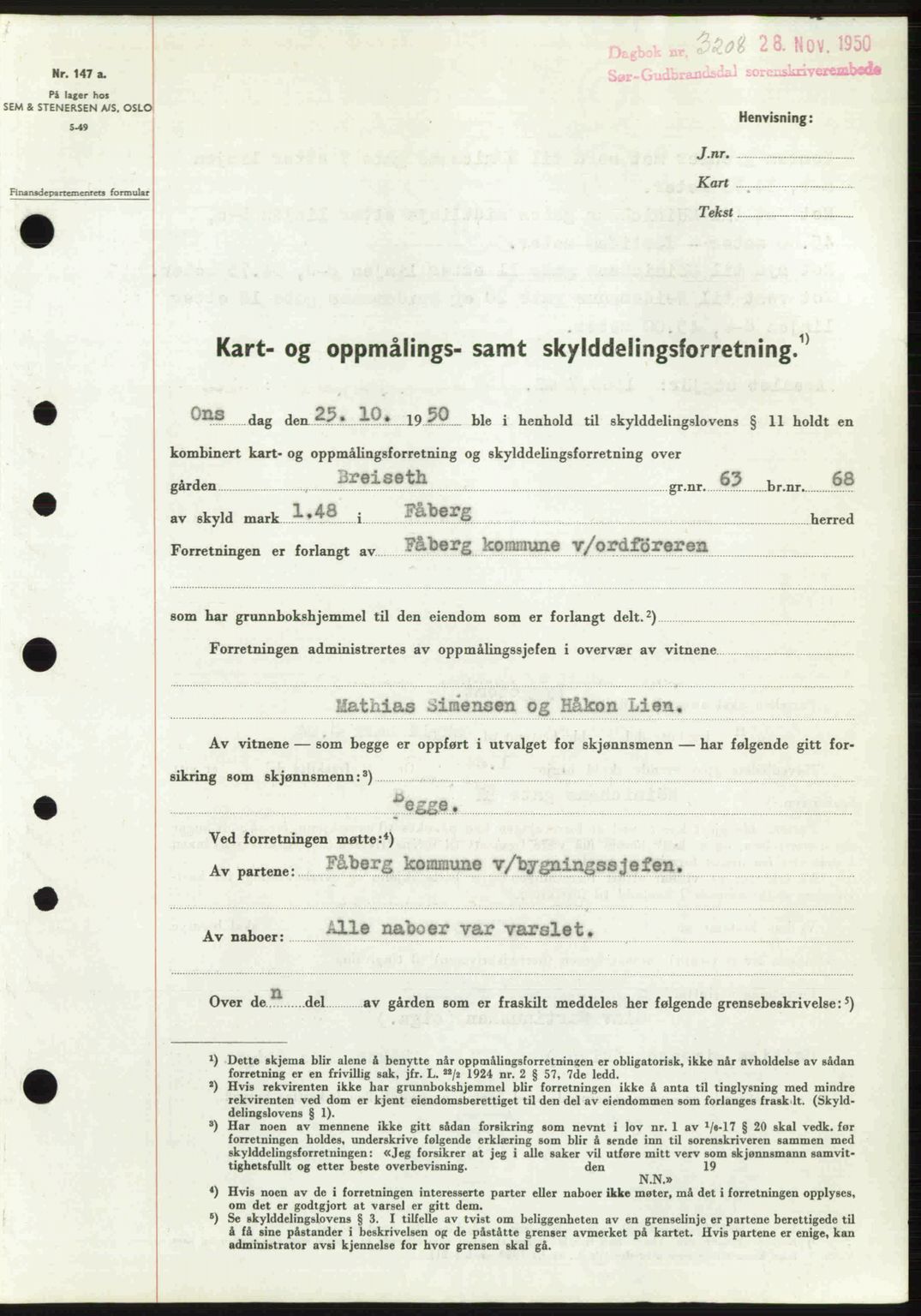 Sør-Gudbrandsdal tingrett, SAH/TING-004/H/Hb/Hbd/L0029: Pantebok nr. A29, 1950-1950, Dagboknr: 3208/1950