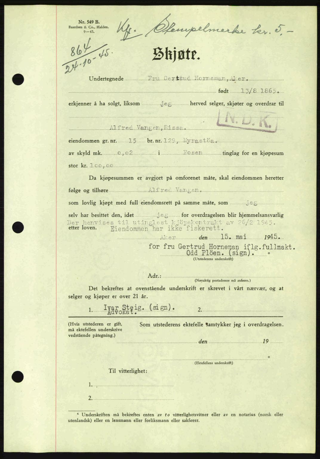 Fosen sorenskriveri, AV/SAT-A-1107/1/2/2C: Pantebok nr. A3, 1943-1945, Dagboknr: 864/1945