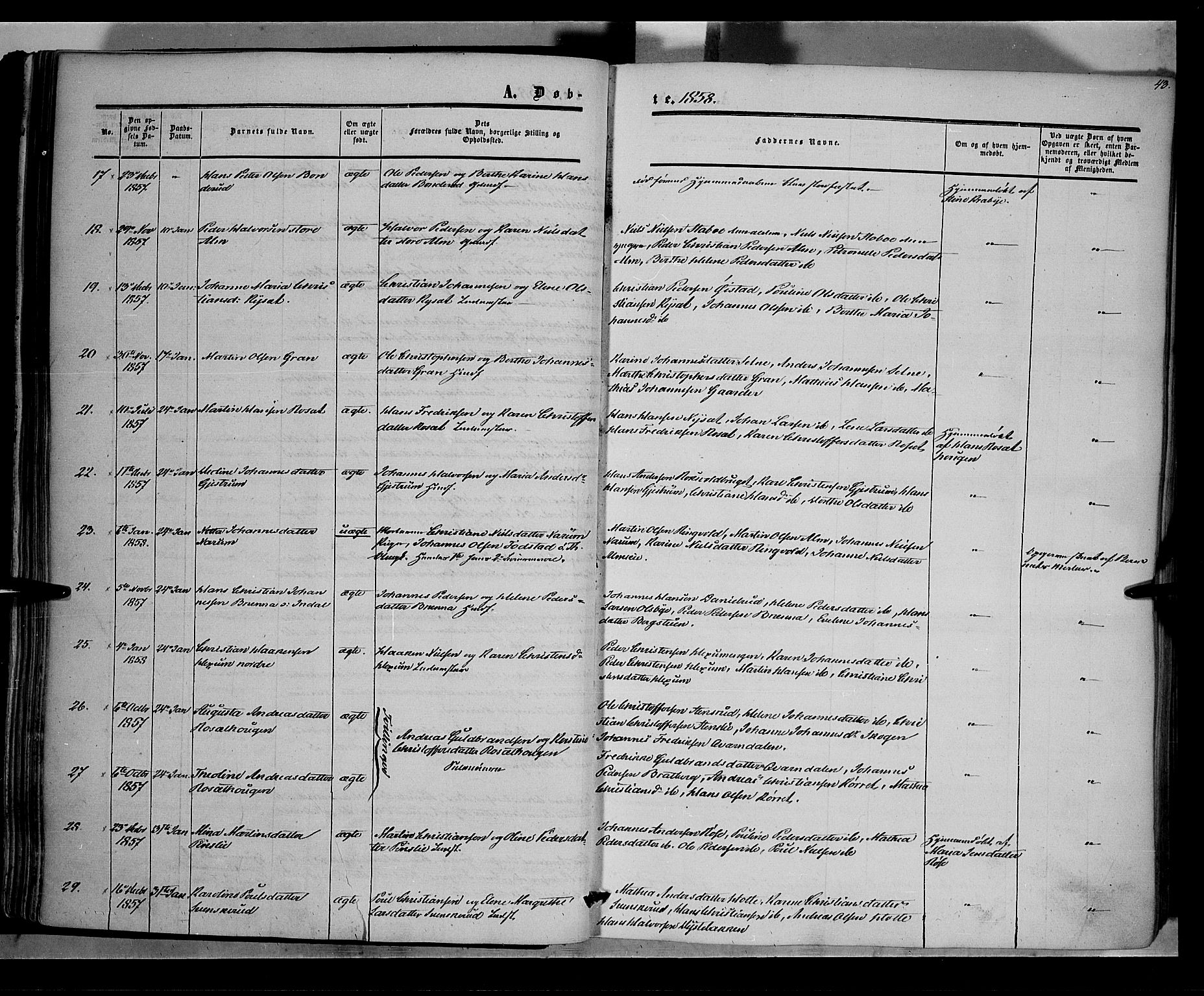 Vestre Toten prestekontor, AV/SAH-PREST-108/H/Ha/Haa/L0006: Ministerialbok nr. 6, 1856-1861, s. 43