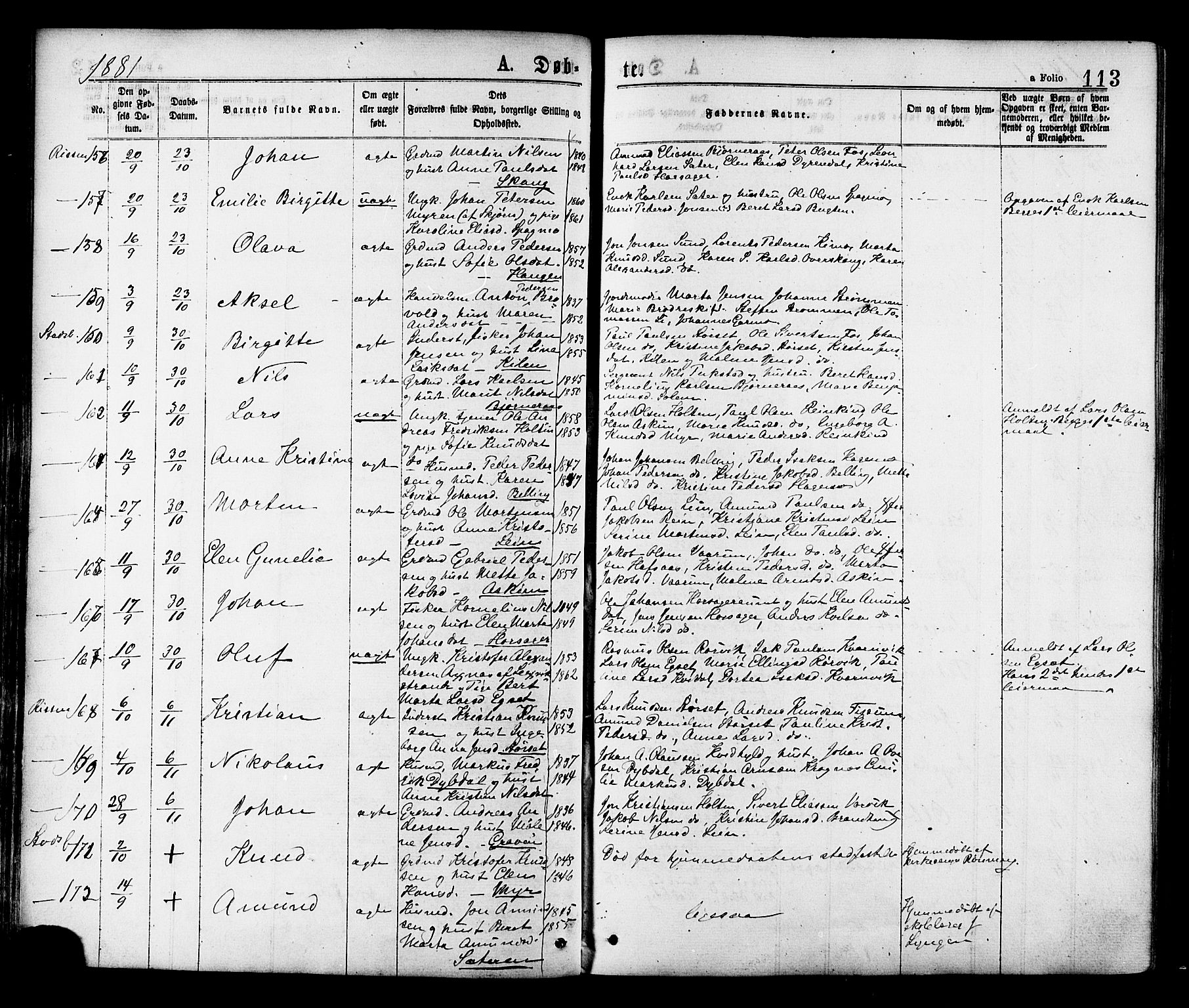Ministerialprotokoller, klokkerbøker og fødselsregistre - Sør-Trøndelag, SAT/A-1456/646/L0613: Ministerialbok nr. 646A11, 1870-1884, s. 113