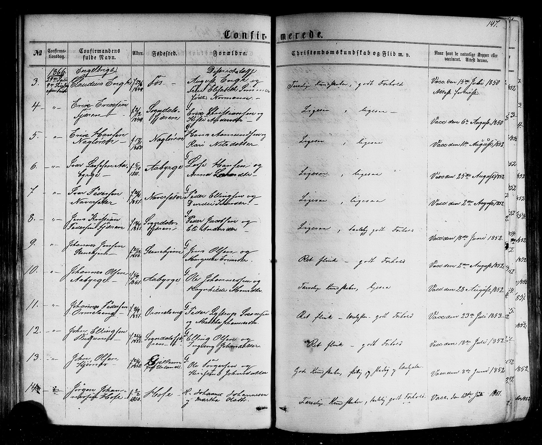 Sogndal sokneprestembete, AV/SAB-A-81301/H/Haa/Haaa/L0013: Ministerialbok nr. A 13, 1859-1877, s. 147