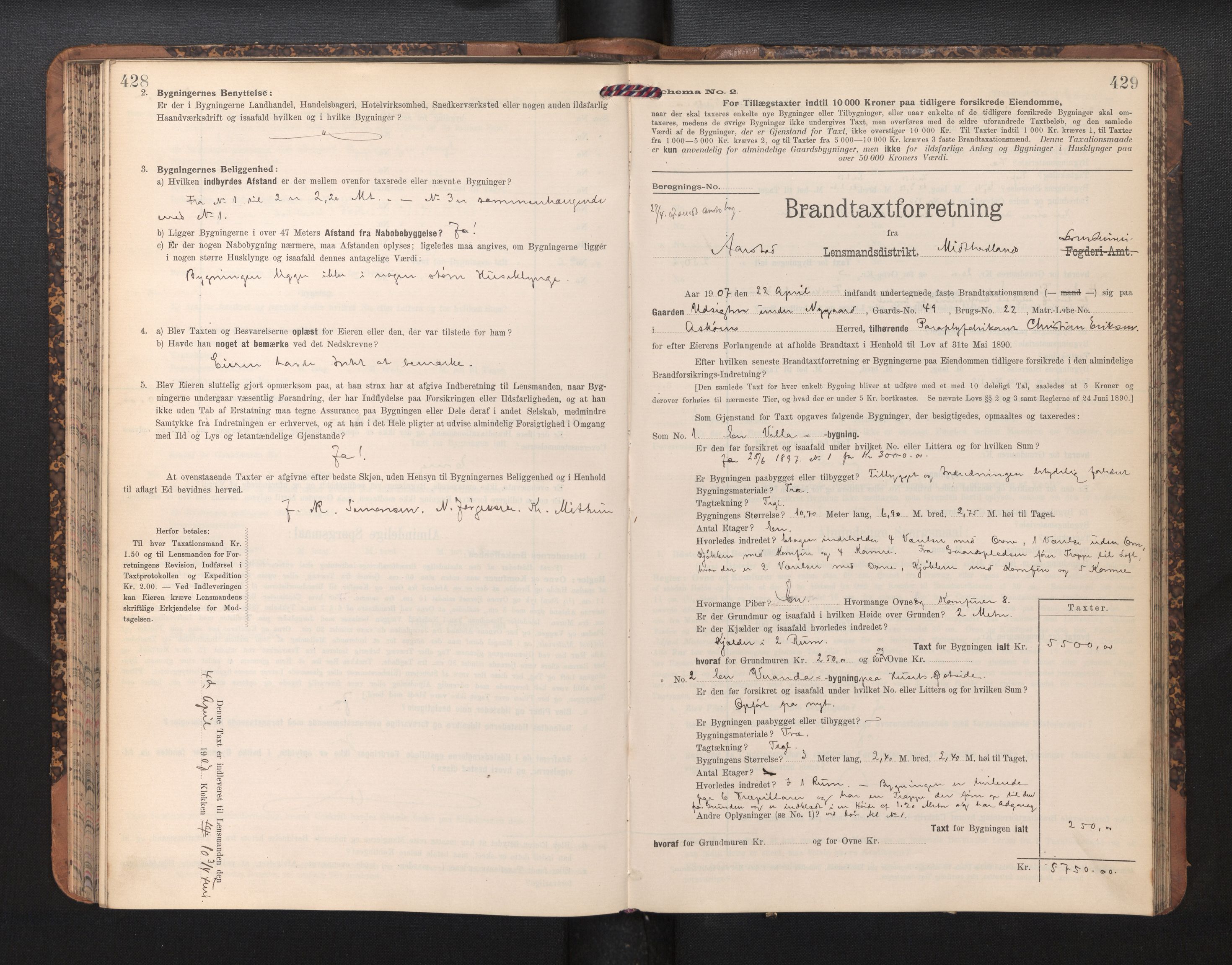 Lensmannen i Årstad, AV/SAB-A-36201/0012/L0014: Branntakstprotokoll,skjematakst, 1906-1907, s. 428-429