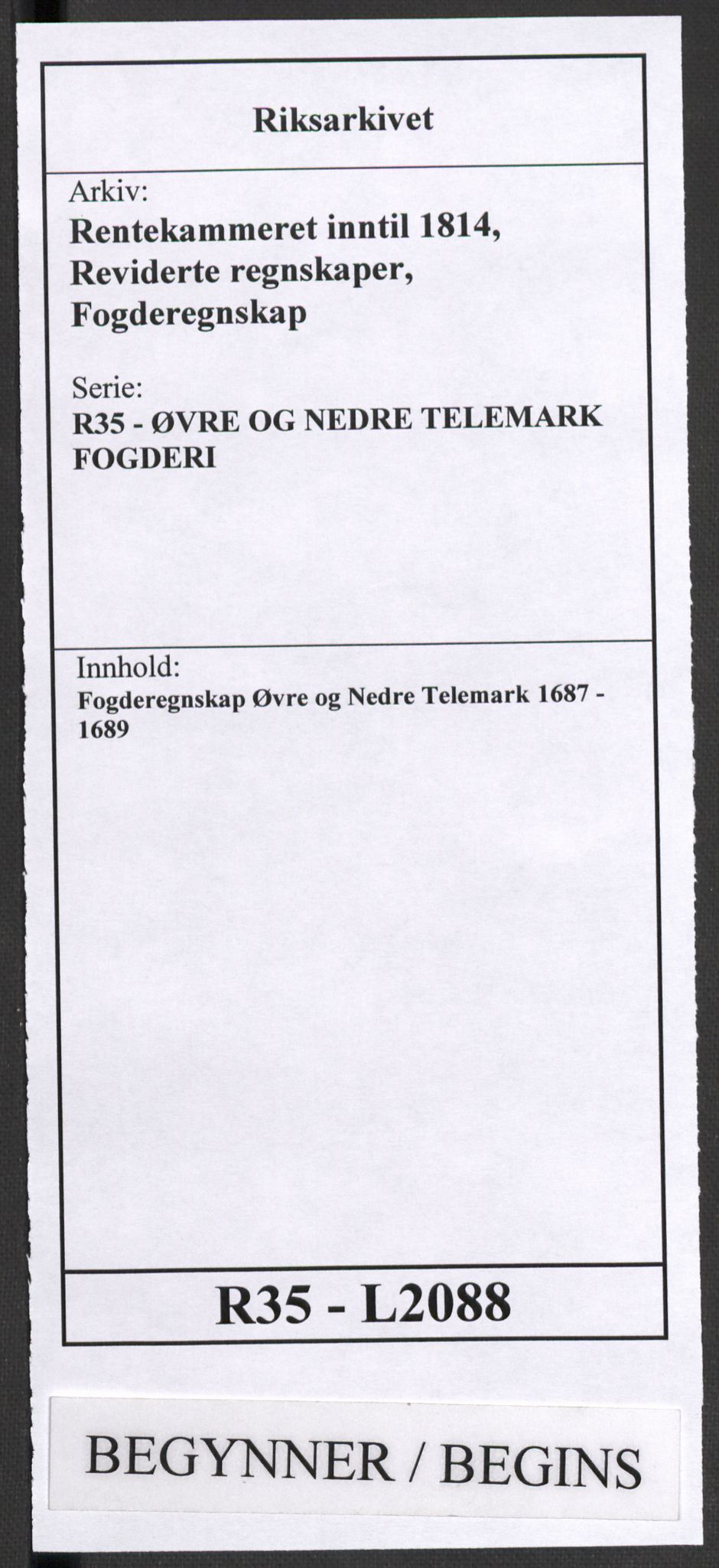 Rentekammeret inntil 1814, Reviderte regnskaper, Fogderegnskap, RA/EA-4092/R35/L2088: Fogderegnskap Øvre og Nedre Telemark, 1687-1689, s. 1