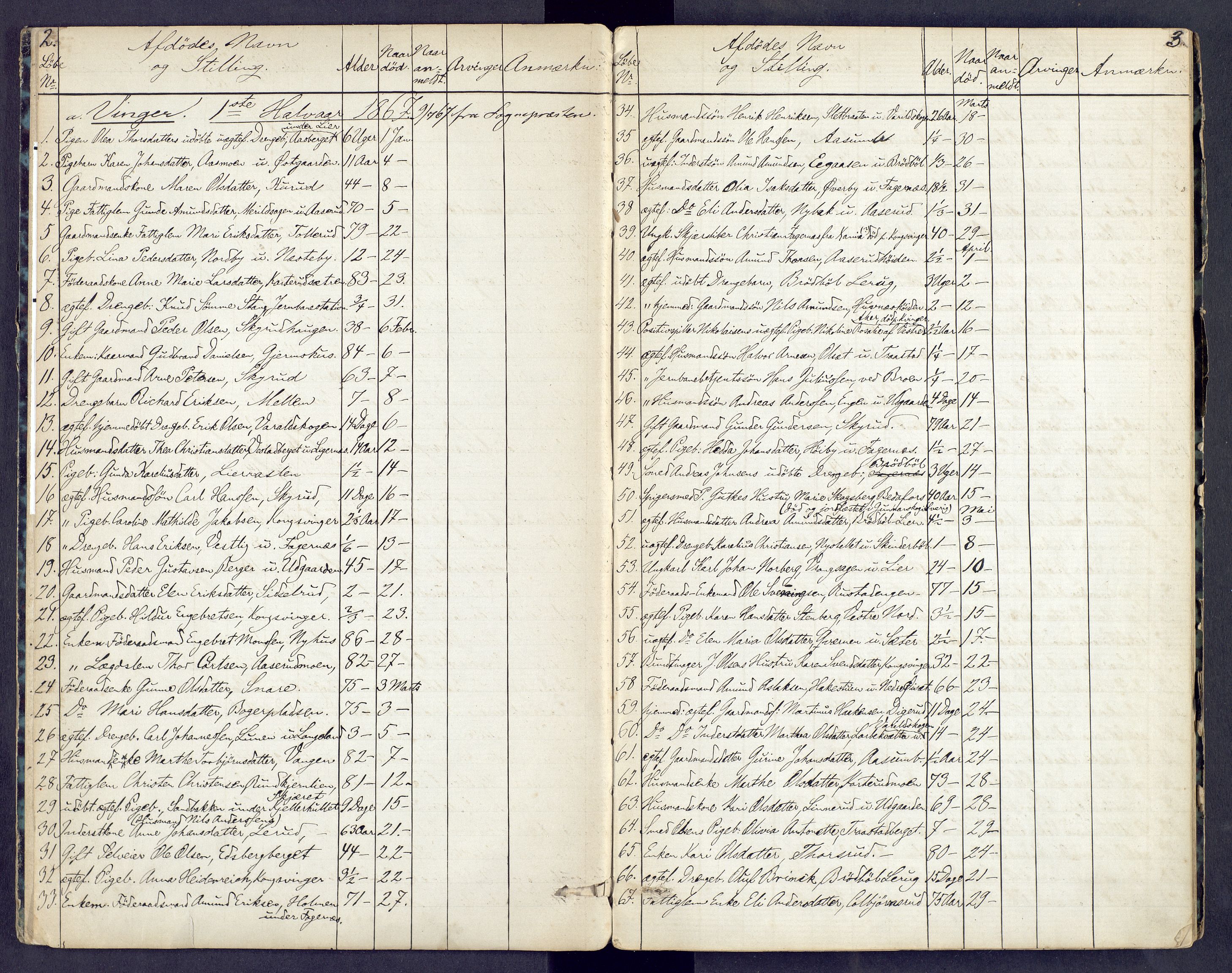 Vinger og Odal sorenskriveri, AV/SAH-TING-022/J/Jf/L0003: Dødsfallsprotokoll - Vinger og Eidskog, 1867-1881, s. 2-3